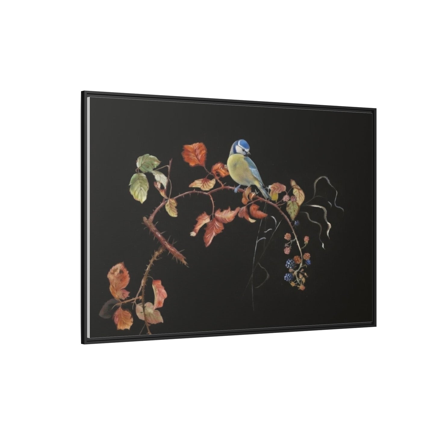 Framed Matte Canvas - Blue Tit on Autumn Branch Wall Art
