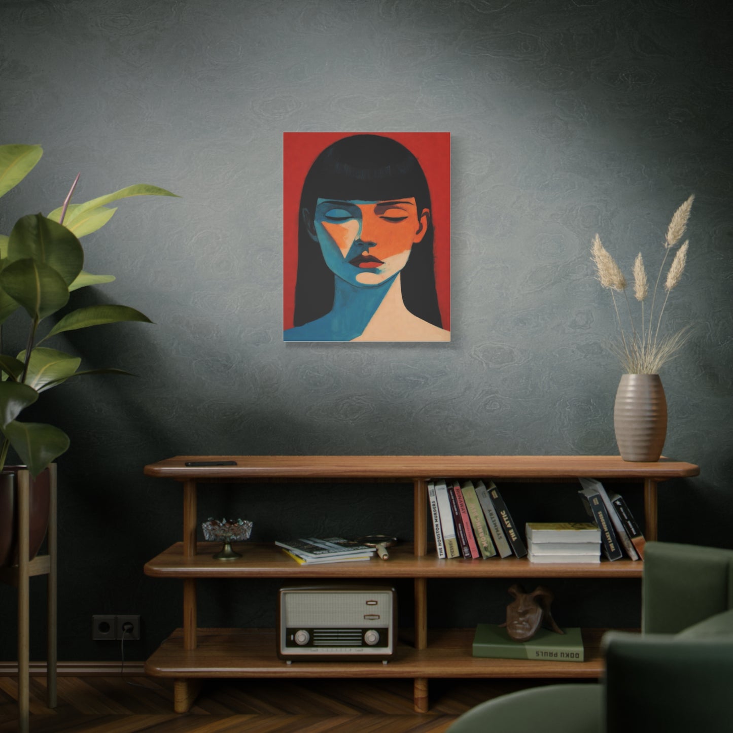 Portrait Canvas Wall Art — Modern Minimalist Woman in Red & Blue