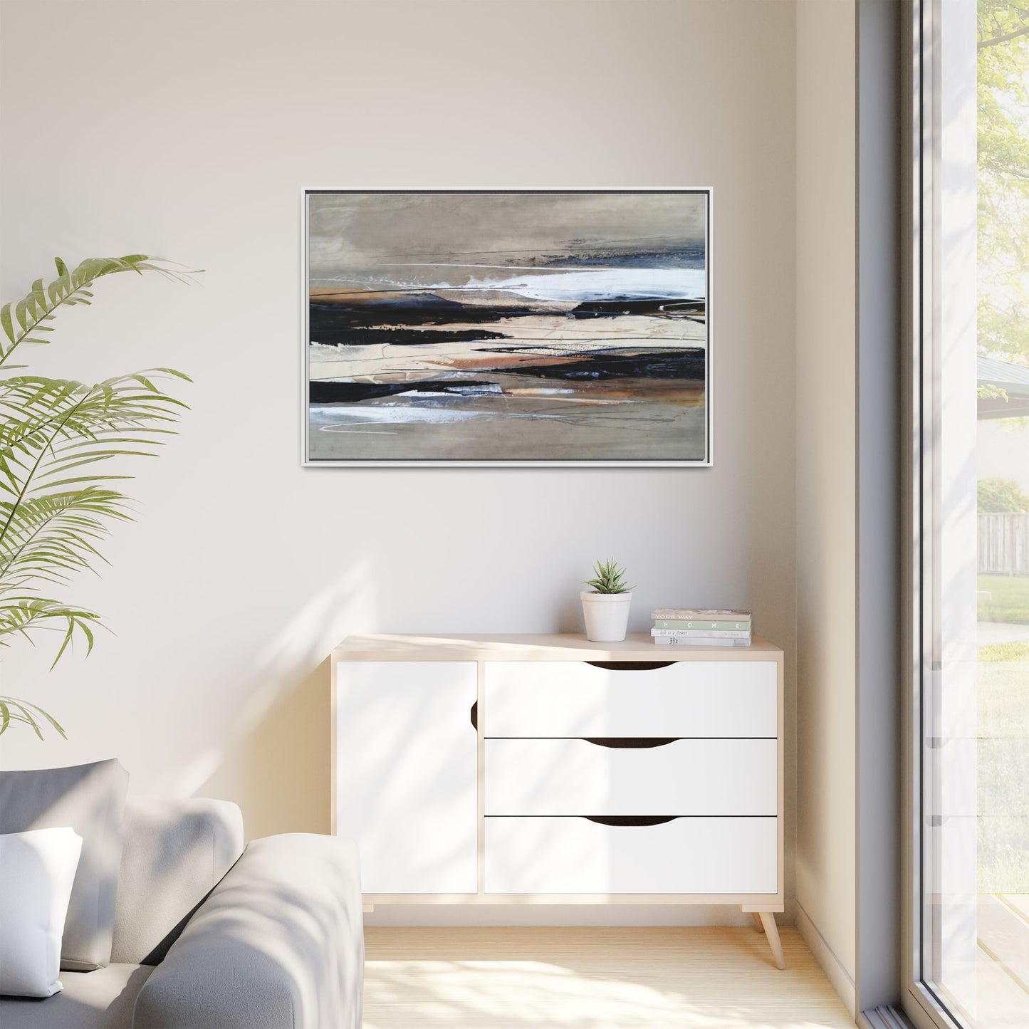 Abstract Seascape Matte Canvas Framed Wall Art — Neutral Coastal Landscape
