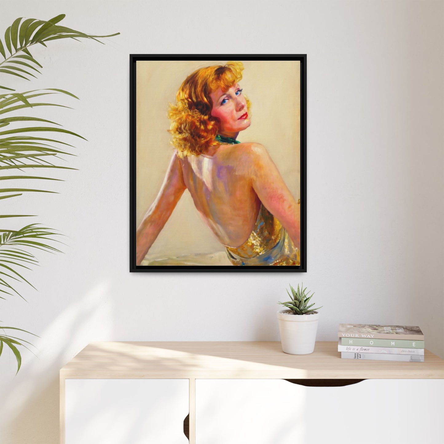 Framed Matte Canvas Print — Vintage Portrait of Redhead Greta Garbo in Gold Dress
