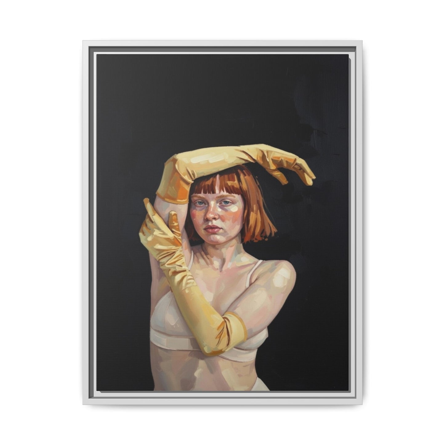 Framed Matte Canvas Art – Portrait of Woman in Yellow Gloves