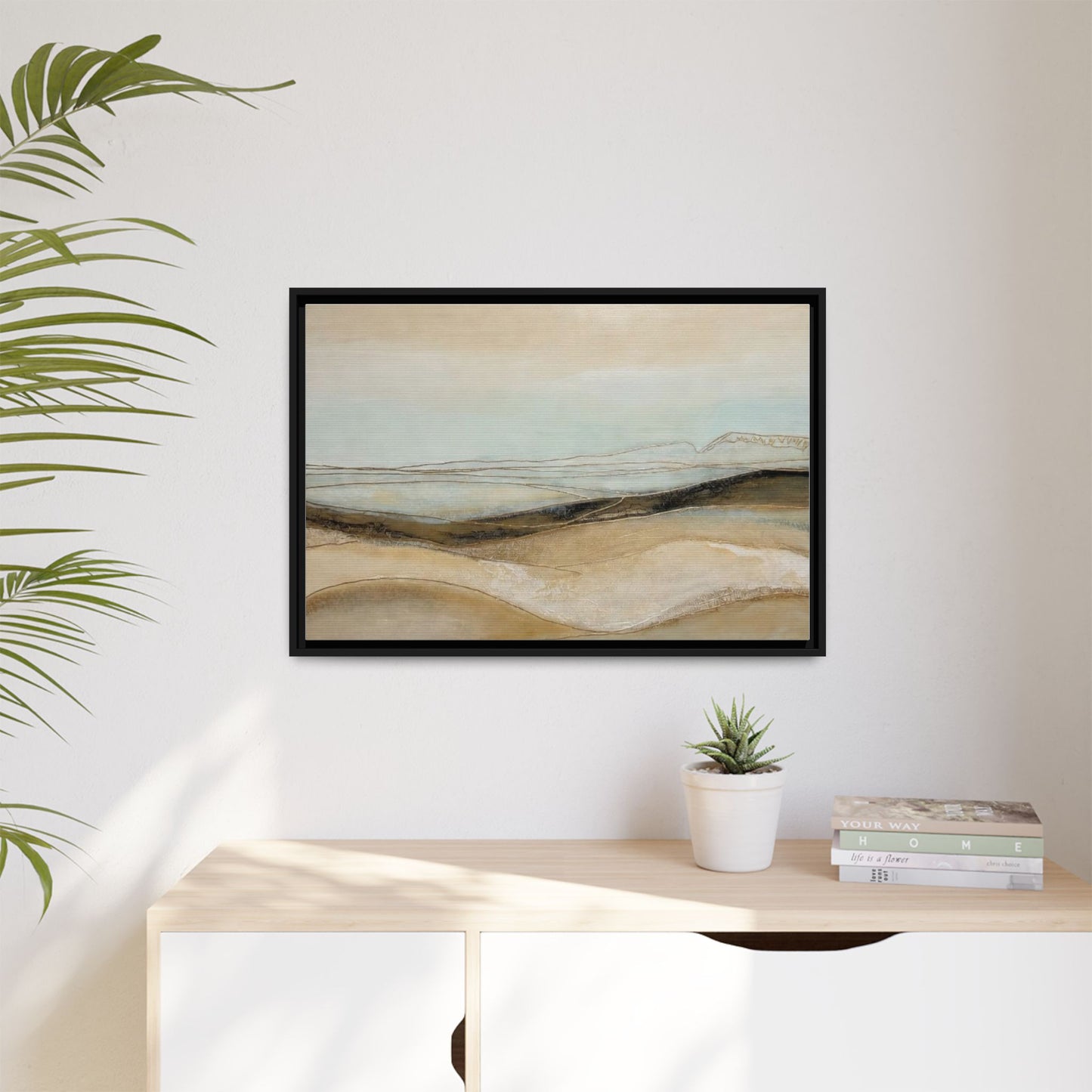 Framed Matte Canvas Wall Art — Neutral Abstract Landscape in Soft Blues & Earth Tones