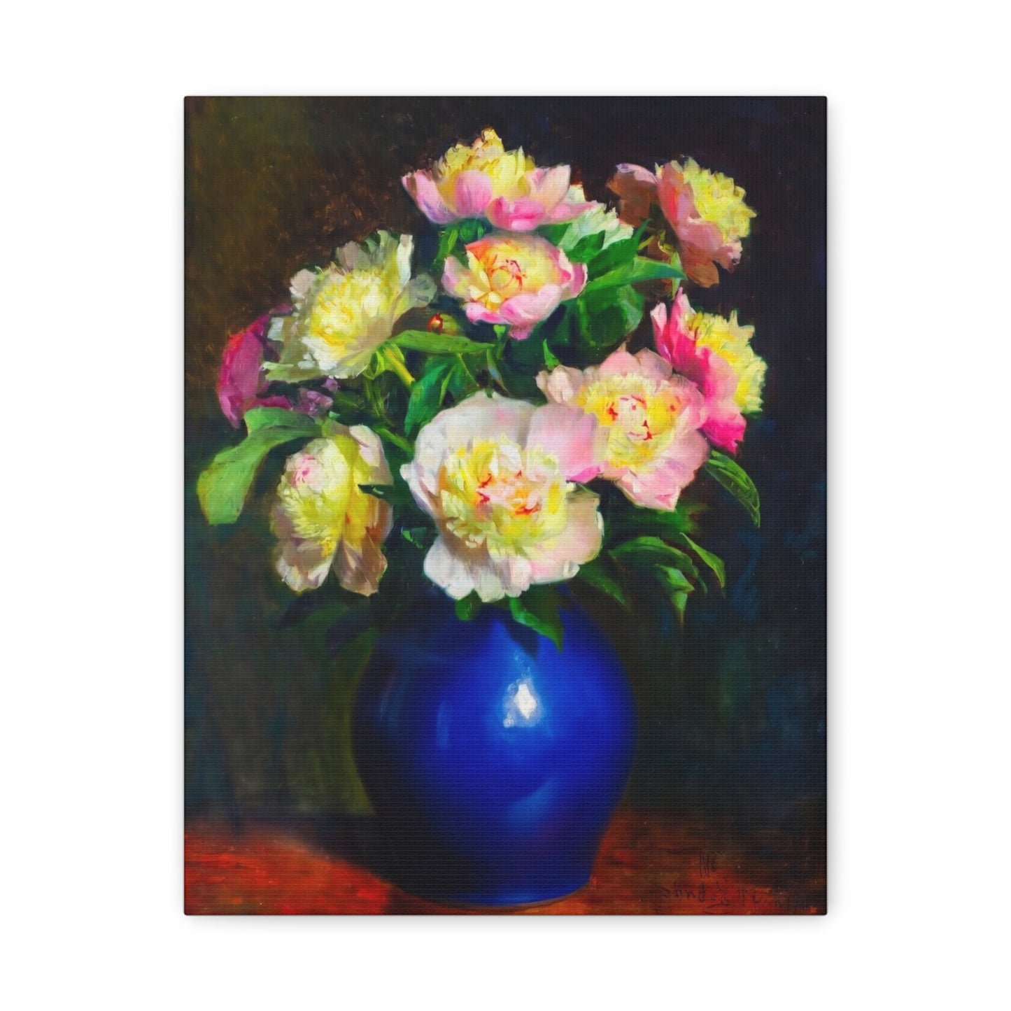 Peony Bouquet Canvas Print — Pink Peonies in Blue Vase, Stretched Matte Wall Art
