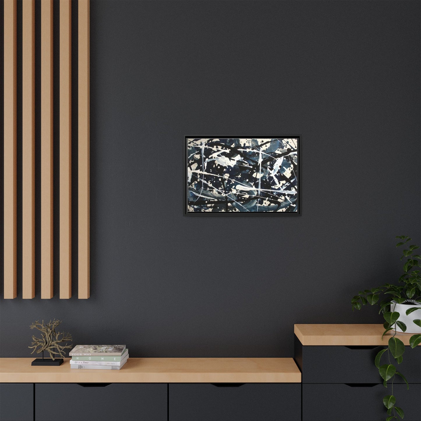 Abstract Splatter Matte Canvas Framed Wall Art — Black & Blue Modern Art Print