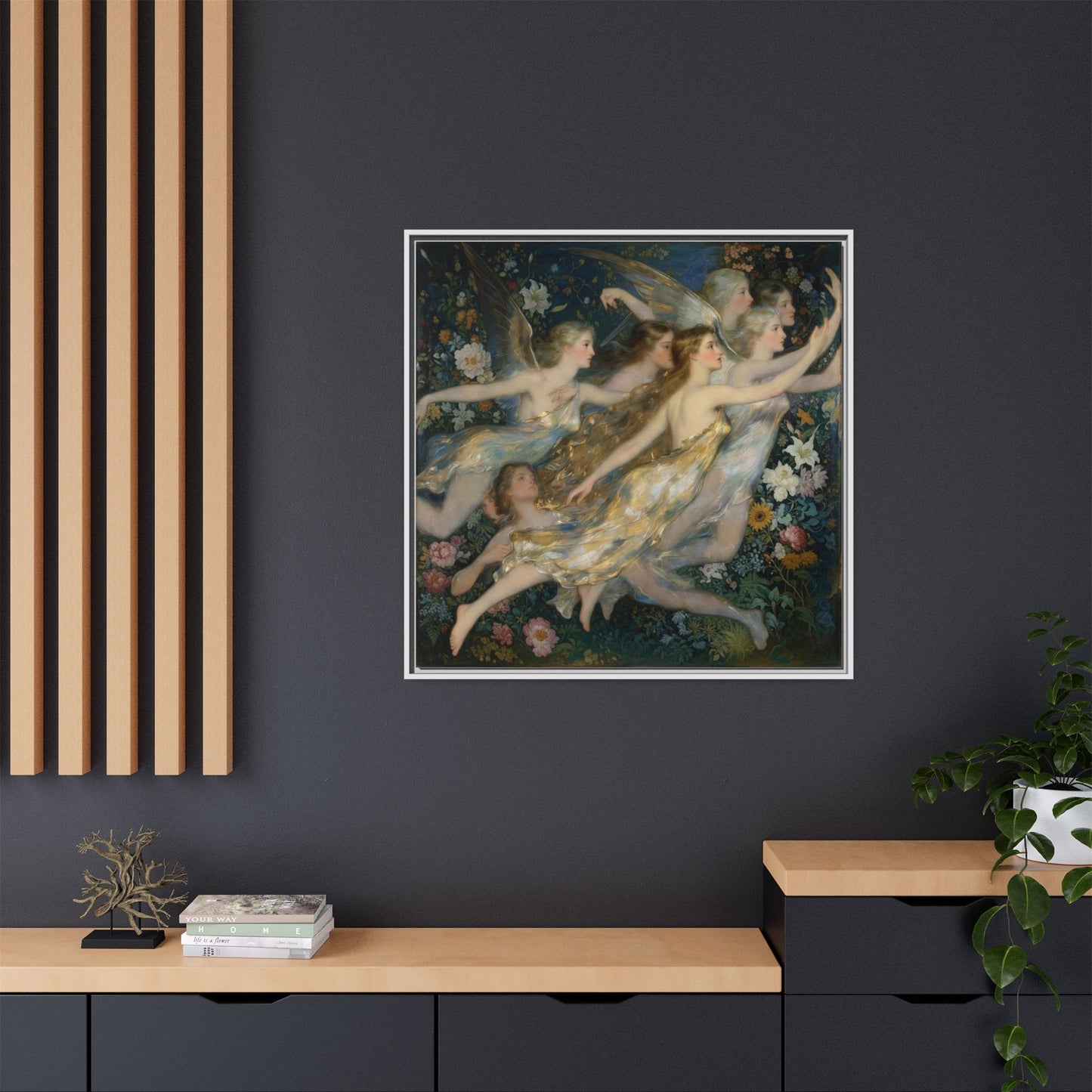 Framed Matte Canvas Wall Art — Vintage Fairies & Floral Painting