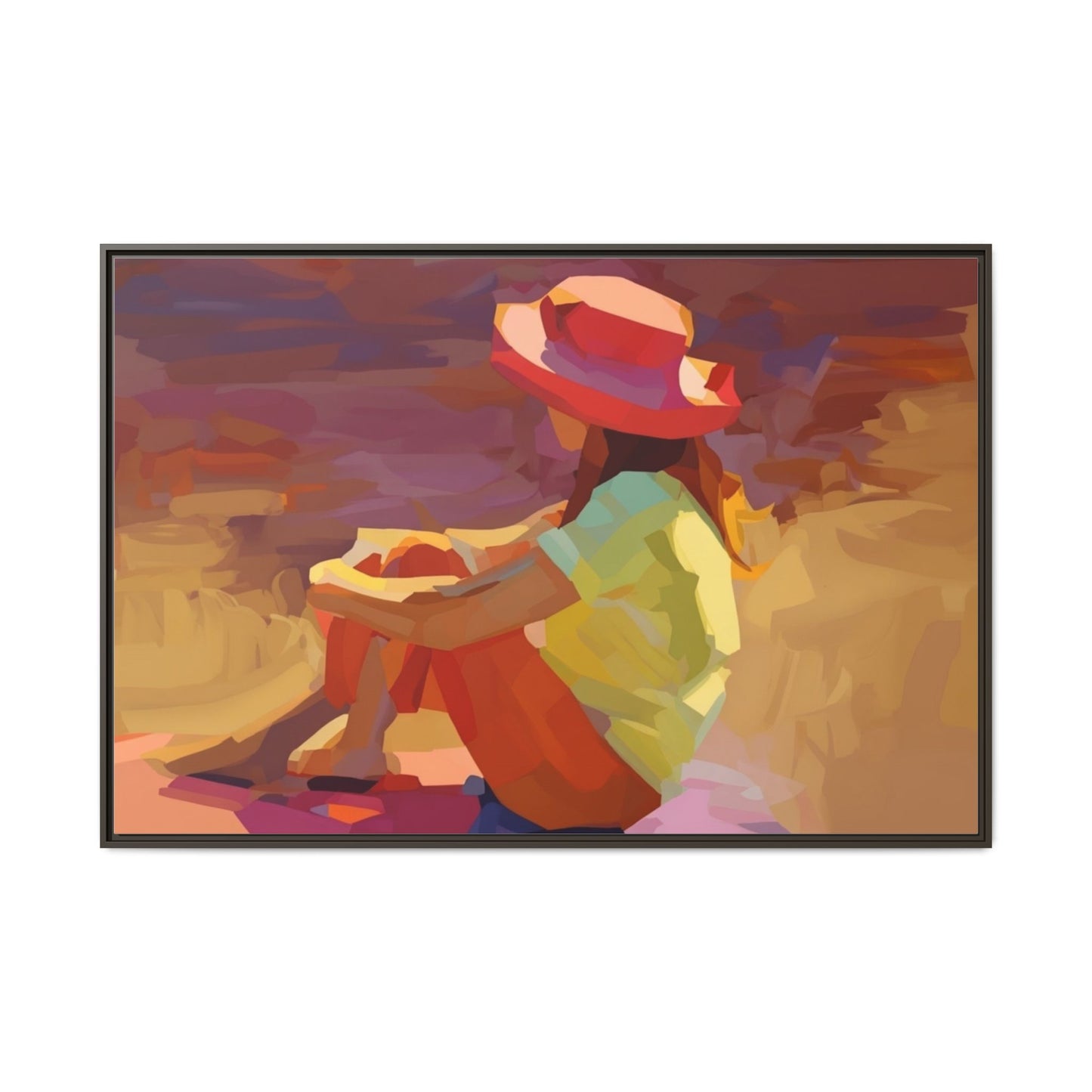 Framed Matte Canvas — Colorful Seated Girl Beach Art