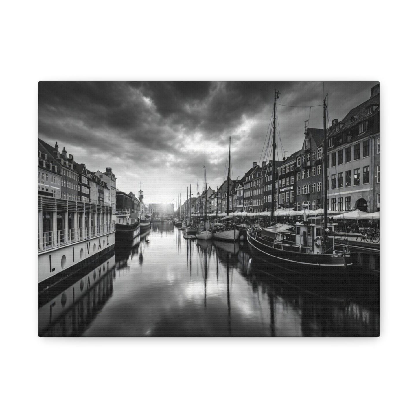 Black & White Harbor Canvas Print — Dramatic Copenhagen Cityscape Wall Art