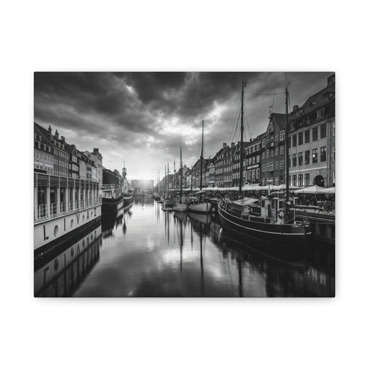 Black & White Harbor Canvas Print — Dramatic Copenhagen Cityscape Wall Art