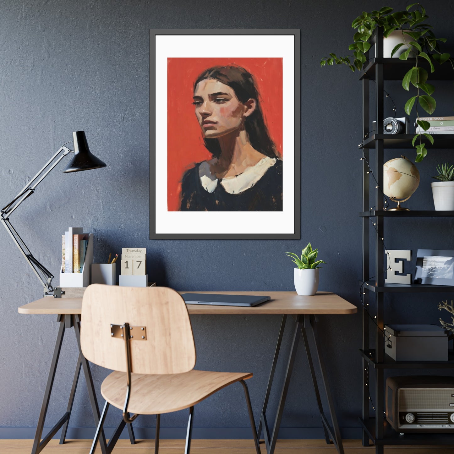 Framed Art Print — Distant Woman Portrait Painting on Red Background