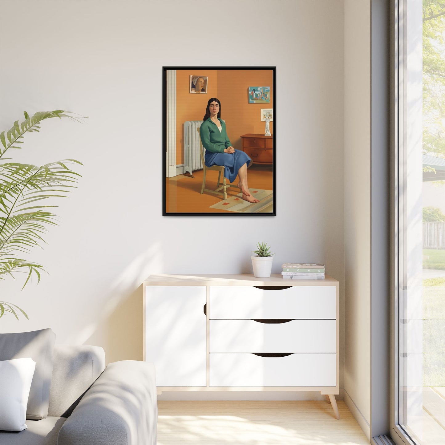 Framed Matte Canvas Print — Woman Seated in Warm Interior (Midcentury Portrait)