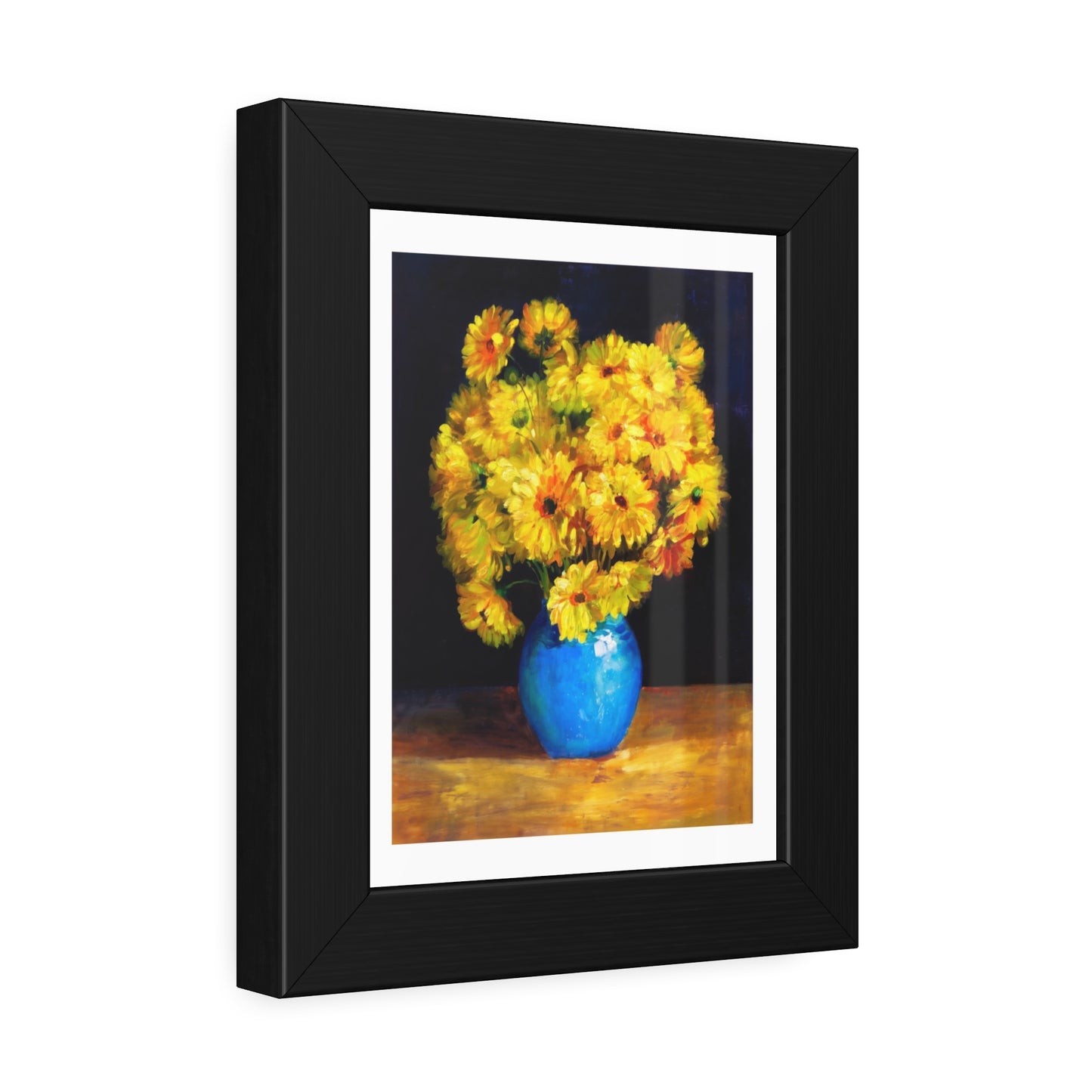 Framed Art Print — Yellow Daisy Bouquet in Blue Vase
