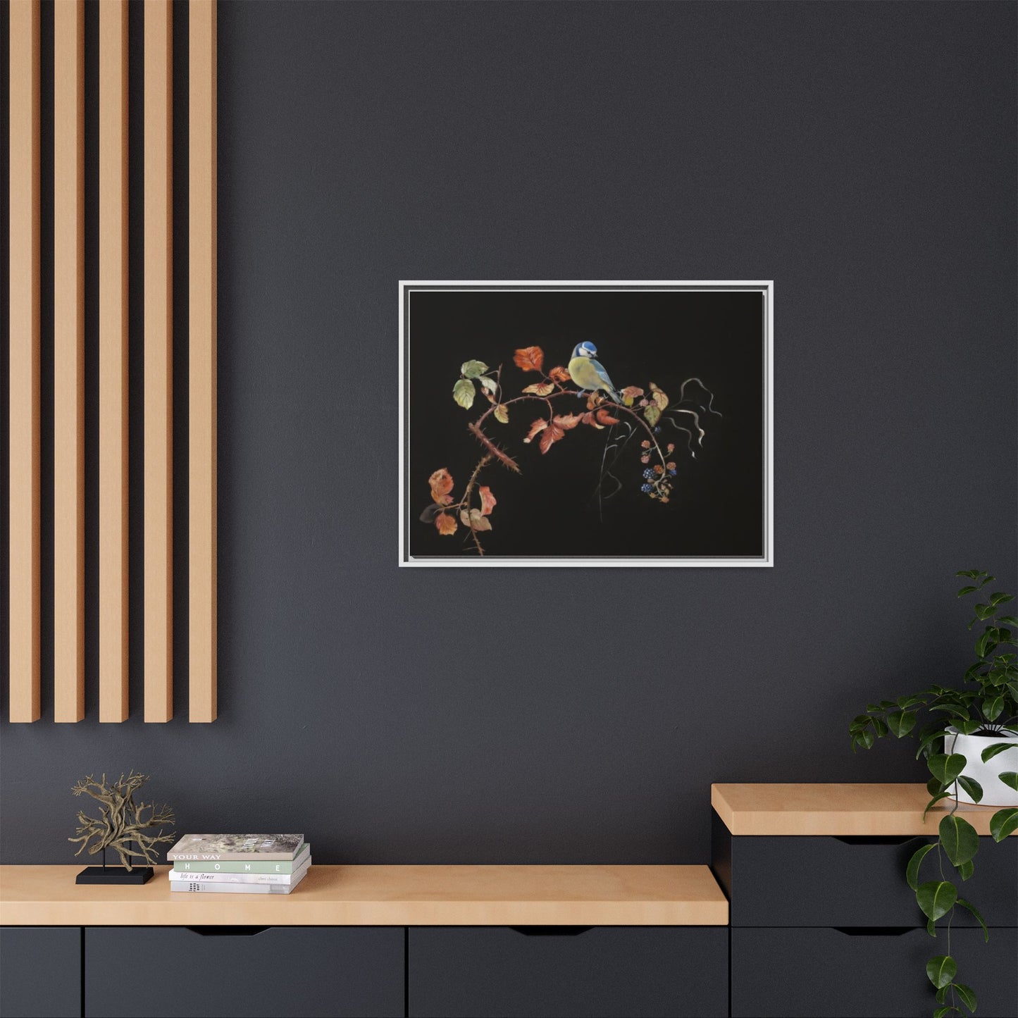 Framed Matte Canvas - Blue Tit on Autumn Branch Wall Art
