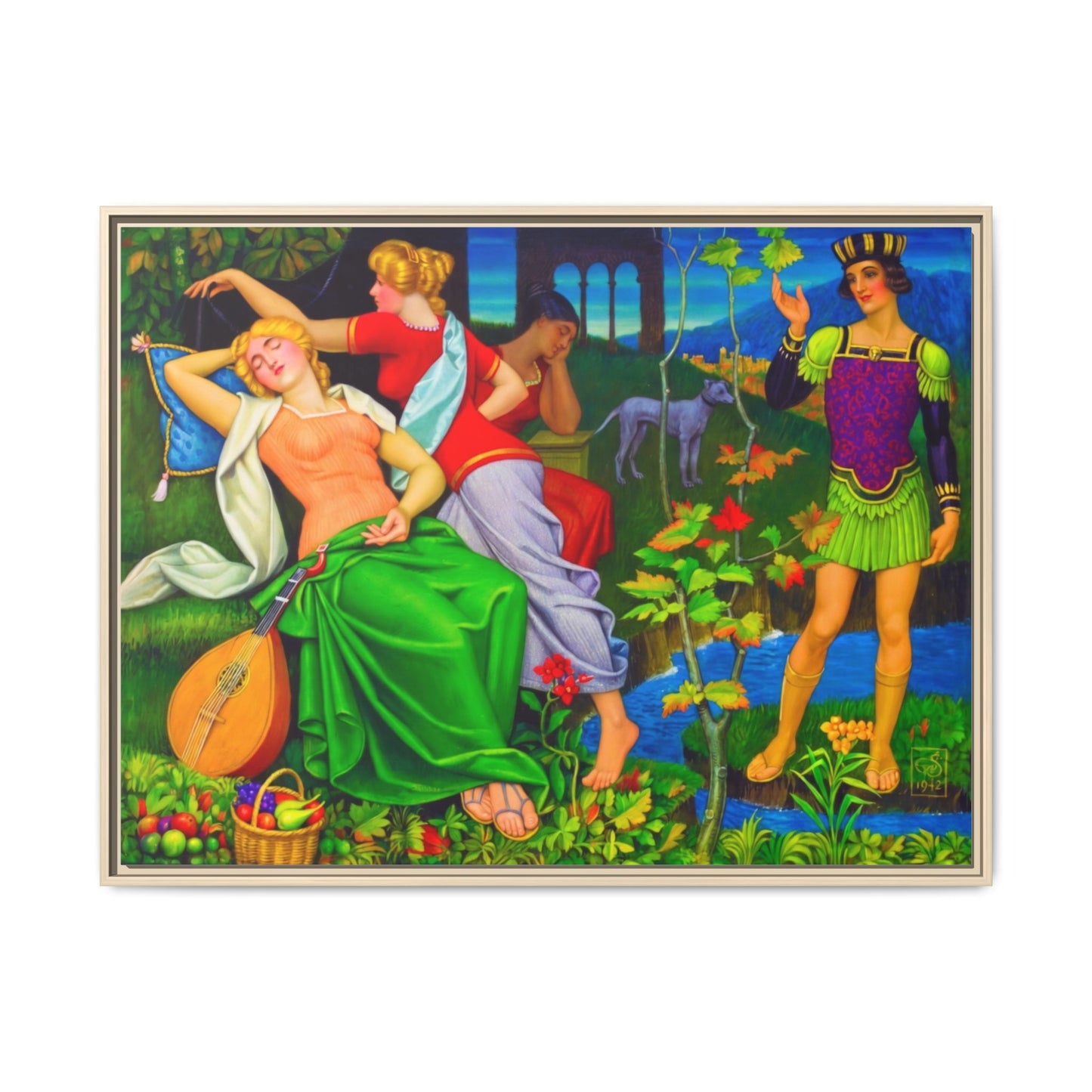 Framed Matte Canvas Art — Colorful Mythic Garden Scene