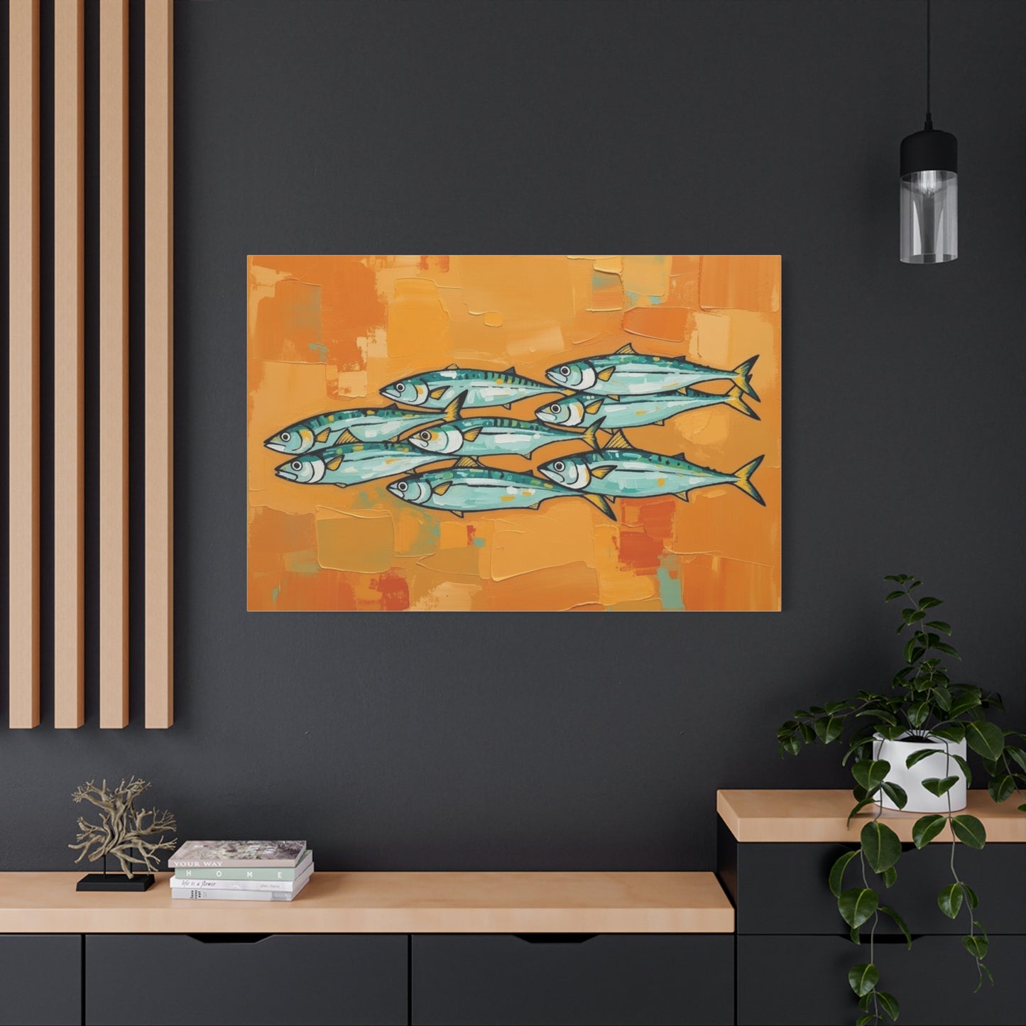 School of Mackerel Canvas Wall Art — Nautical Fish Painting on Orange Background