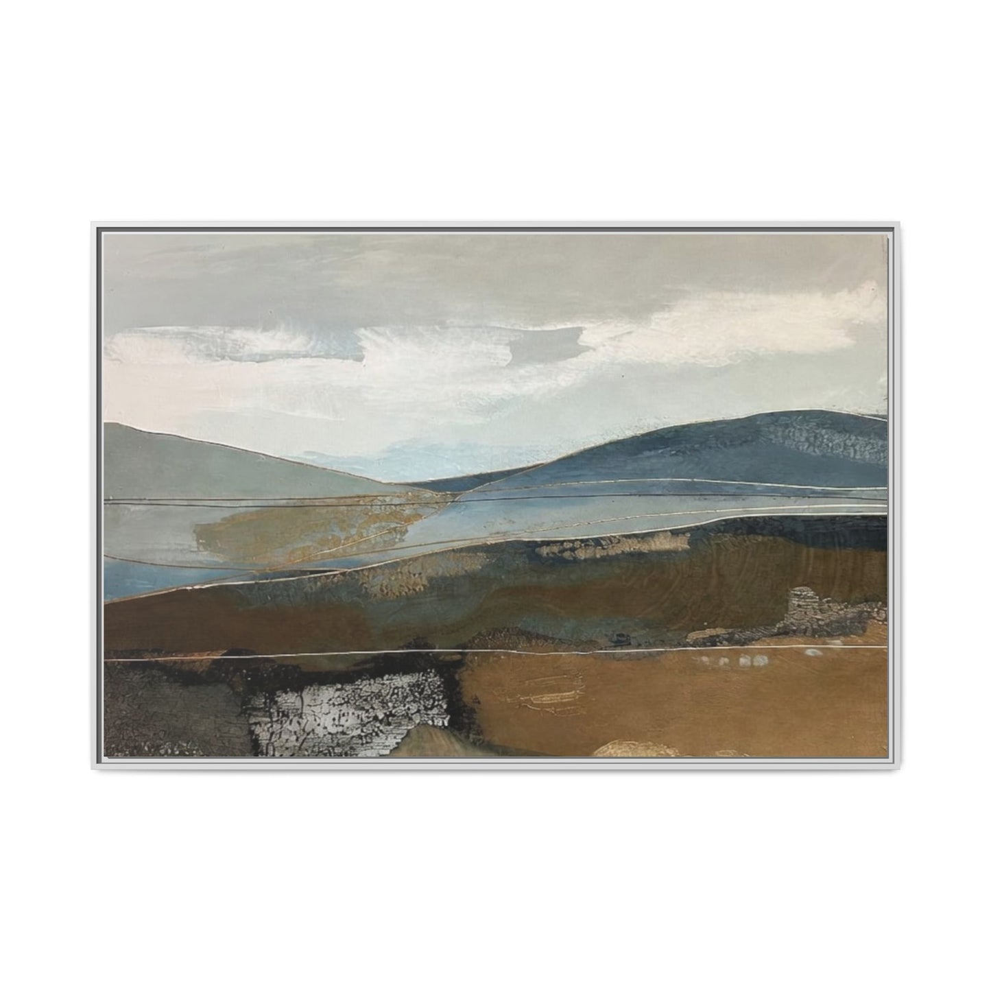 Framed Matte Canvas Landscape Art - Serene Abstract Hills in Blue & Earth Tones