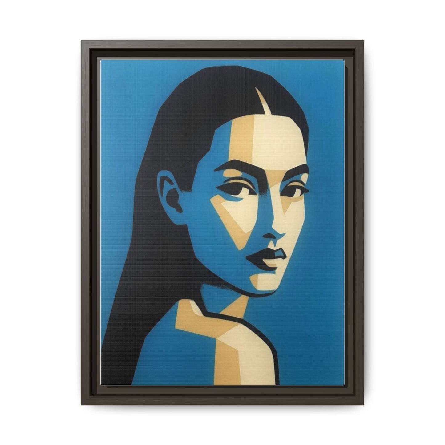 Framed Pop Art Portrait Canvas — Blue Geometric Woman Print