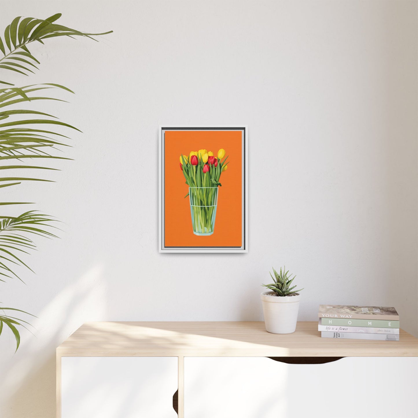 Framed Tulip Canvas Print — Colorful Tulips in Glass Vase