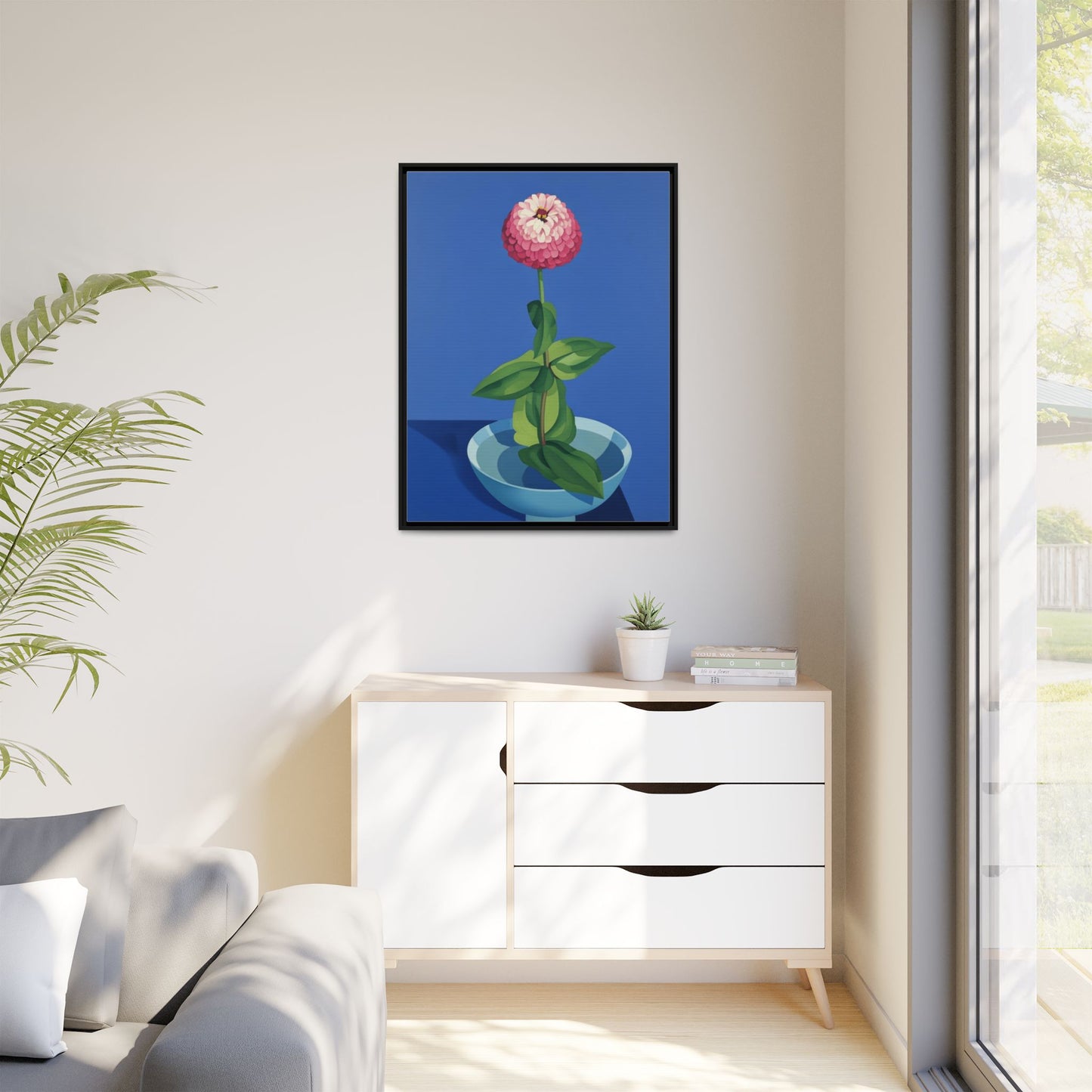 Framed Matte Canvas Art — Pink Zinnia in Blue Bowl (Botanical Still Life)