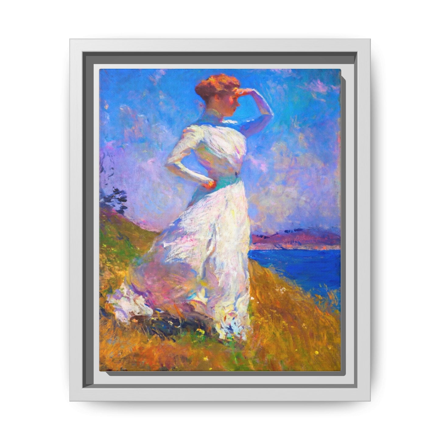 Framed Matte Canvas Art - Woman in White Seaside Impressionist Print