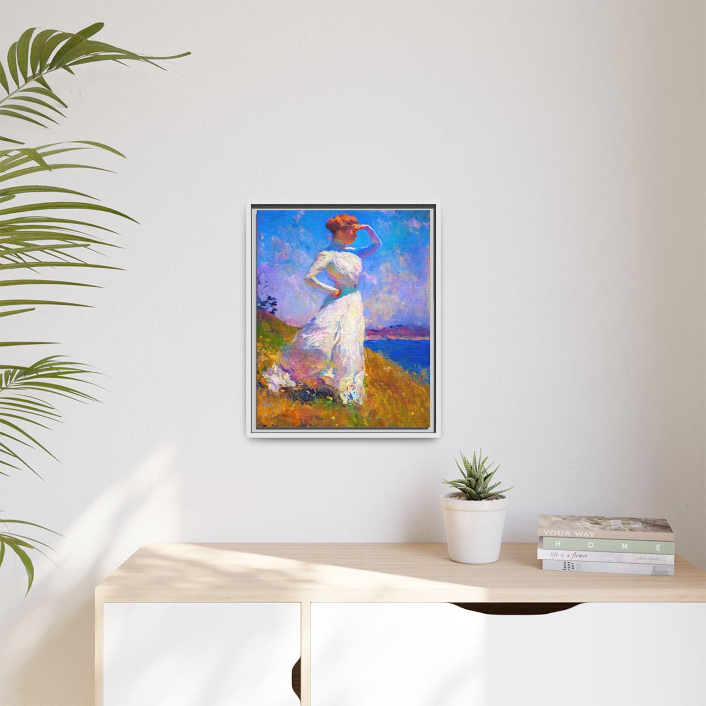 Framed Matte Canvas Art - Woman in White Seaside Impressionist Print