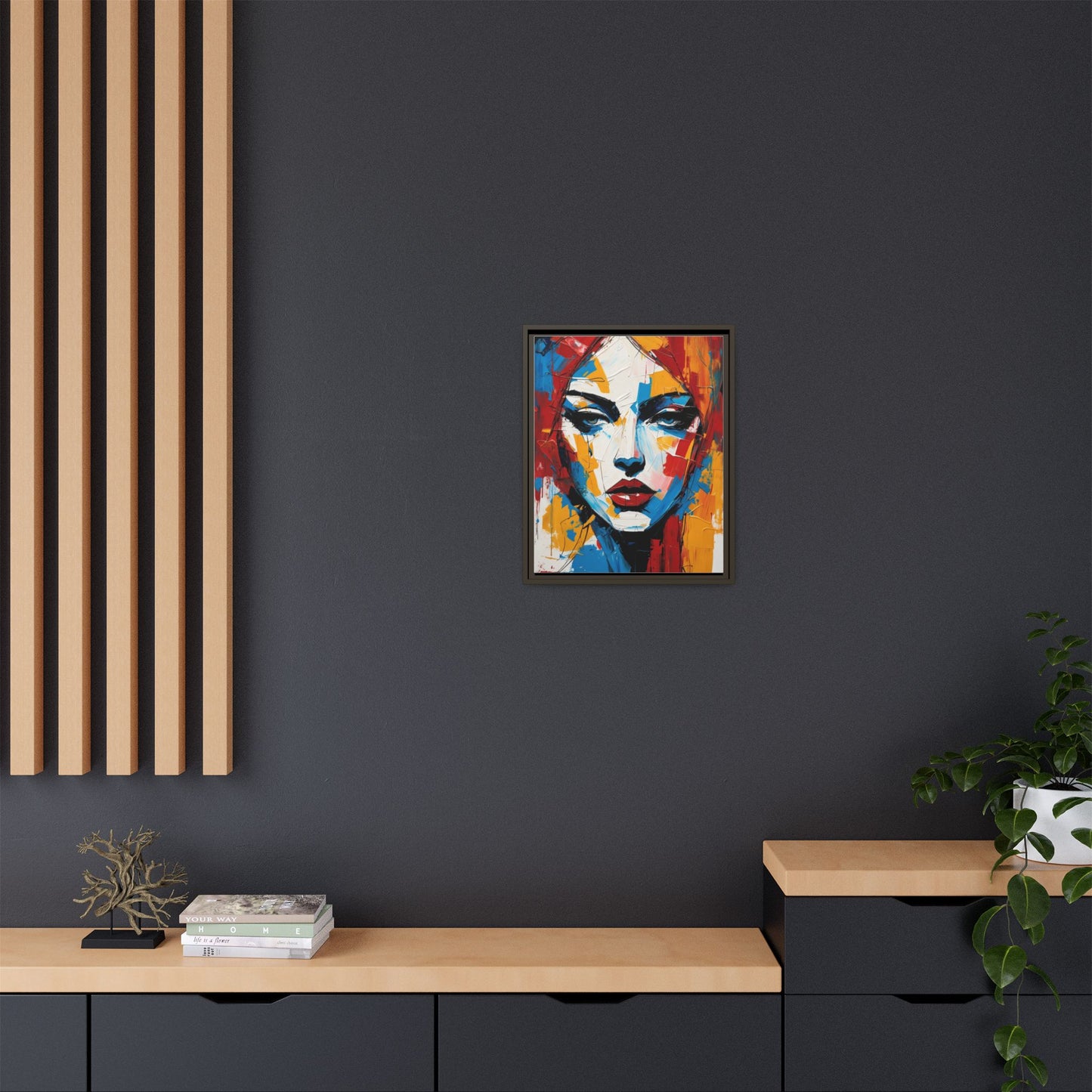 Framed Abstract Portrait Canvas — Colorful Female Face Wall Art
