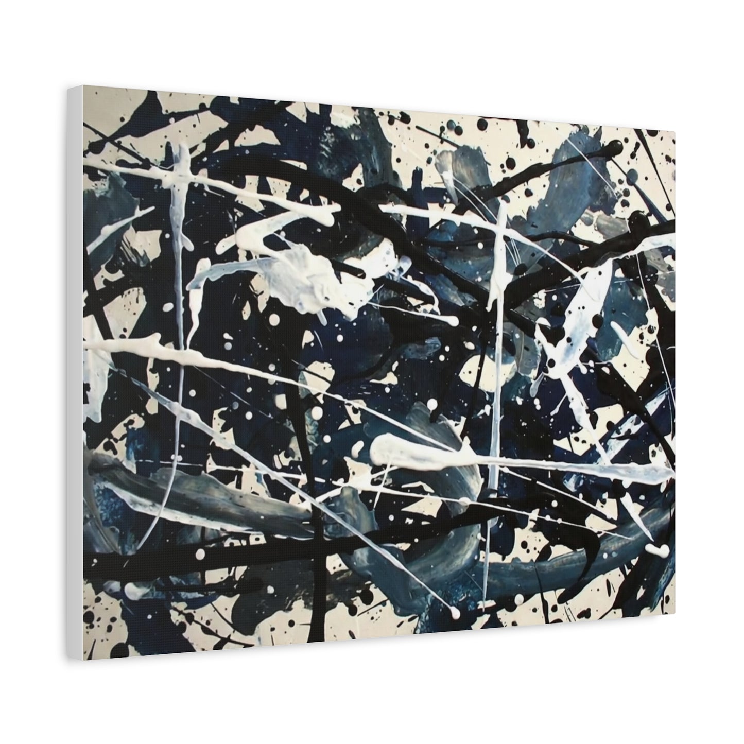 Abstract Drip Painting Canvas Print — Blue & Black Modern Wall Art (Matte Stretched)