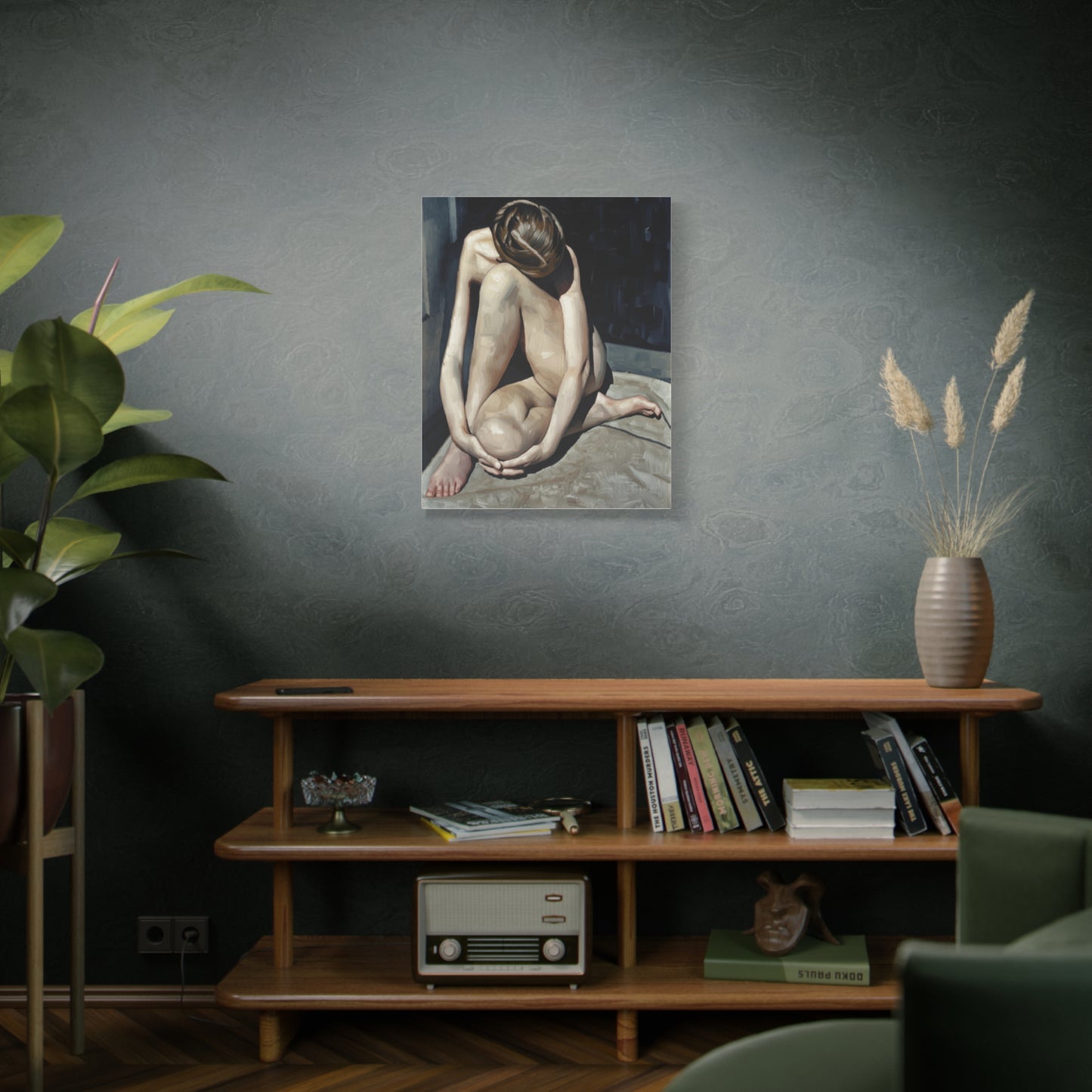 Figurative Nude Art Canvas Print — Contemplative Female Figure Matte Stretched