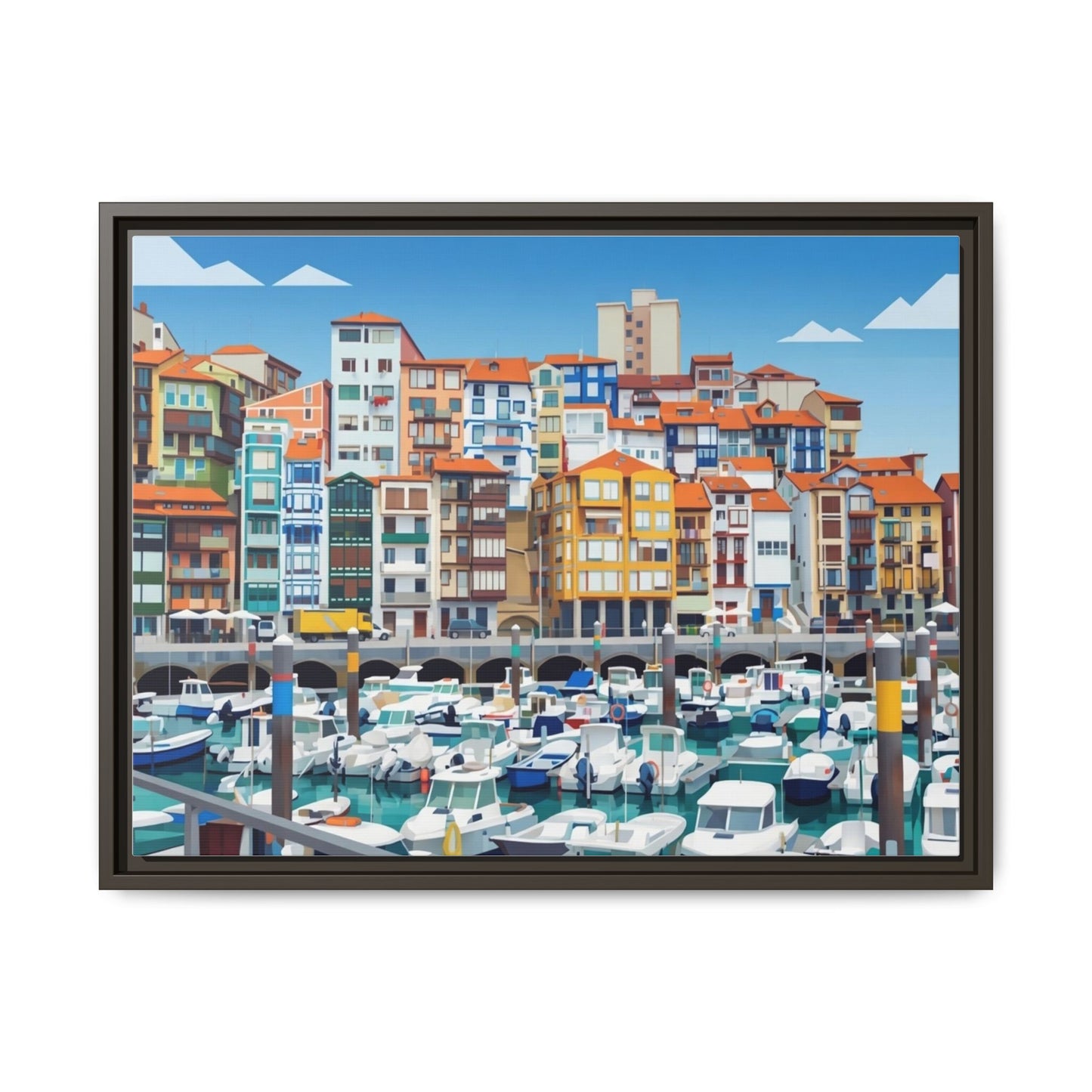 Framed Matte Canvas Print — Colorful Mediterranean Harbor Illustration
