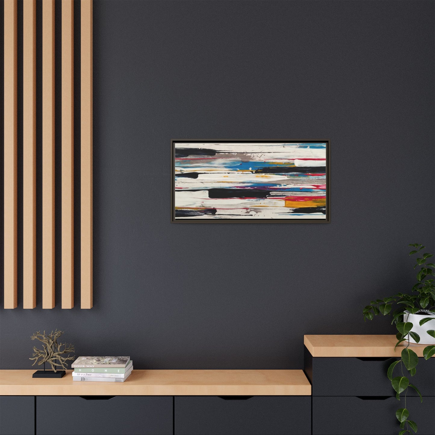 Abstract Multi-Color Framed Canvas Wall Art — Modern Horizontal Brushstroke Print