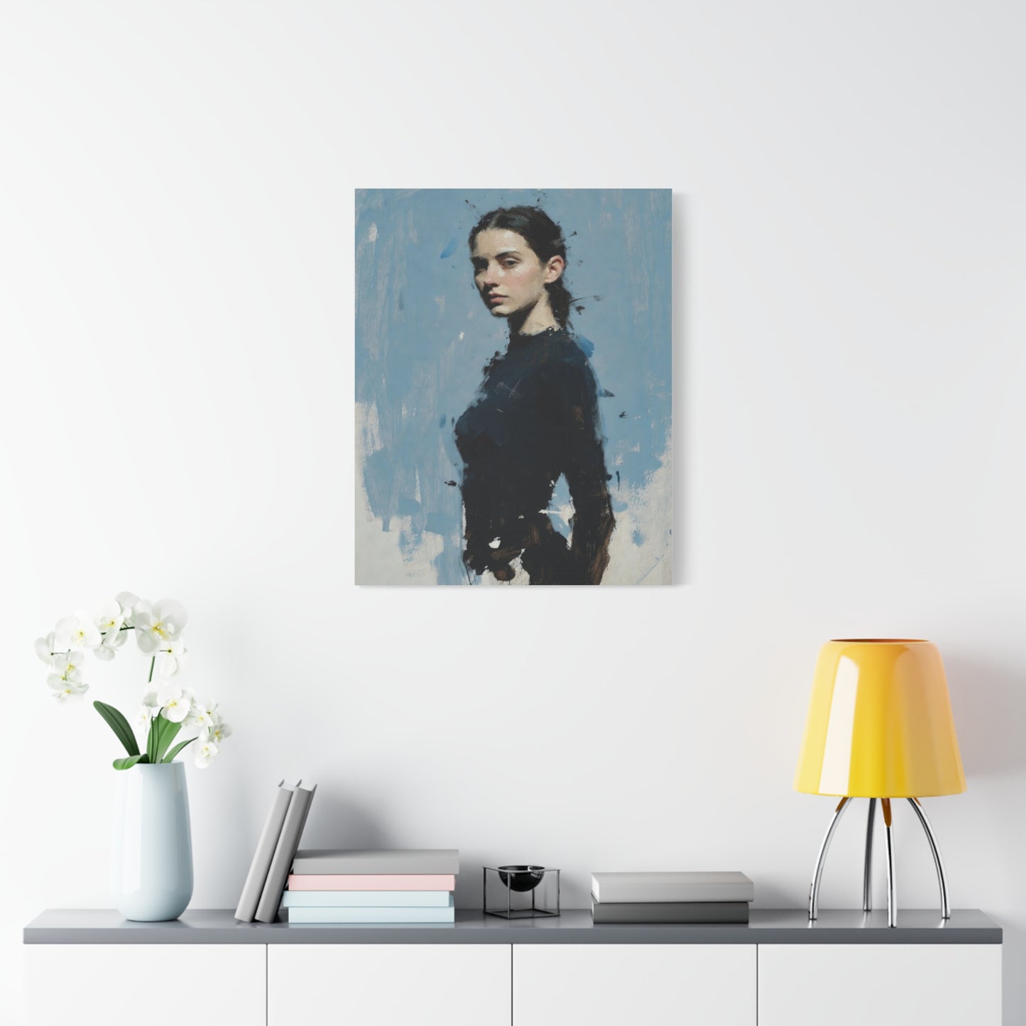 Matte Stretched Canvas Print — Portrait of a Young Woman, Moody Blue Figurative Art