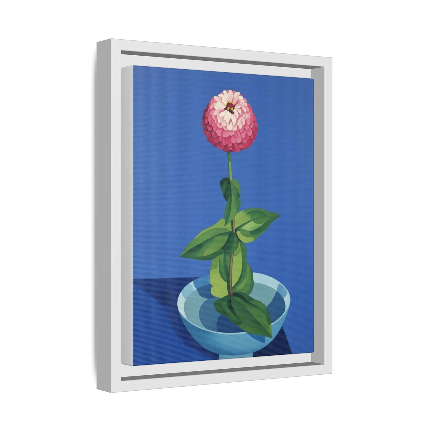 Framed Matte Canvas Art — Pink Zinnia in Blue Bowl (Botanical Still Life)