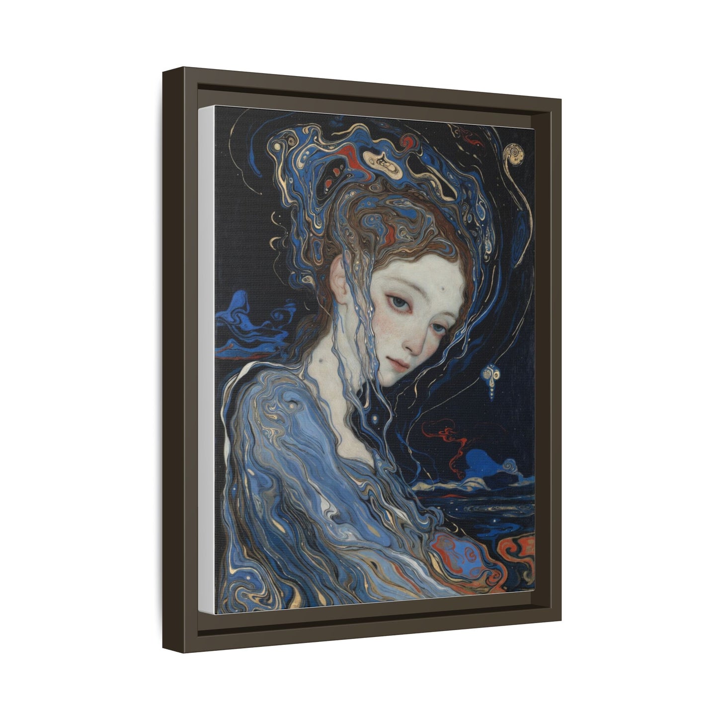 Framed Matte Canvas Art Print — Surreal Blue Maiden Portrait