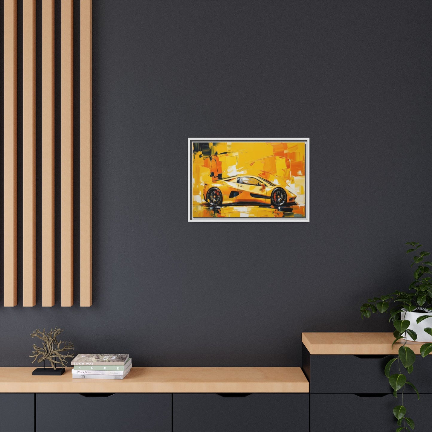 Yellow Sports Car Abstract Matte Canvas Framed Print