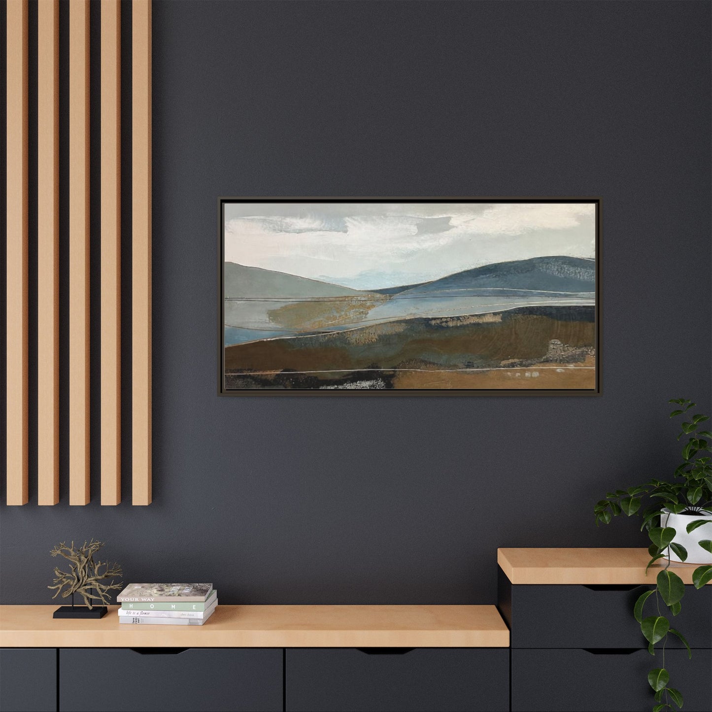 Framed Matte Canvas Landscape Art - Serene Abstract Hills in Blue & Earth Tones