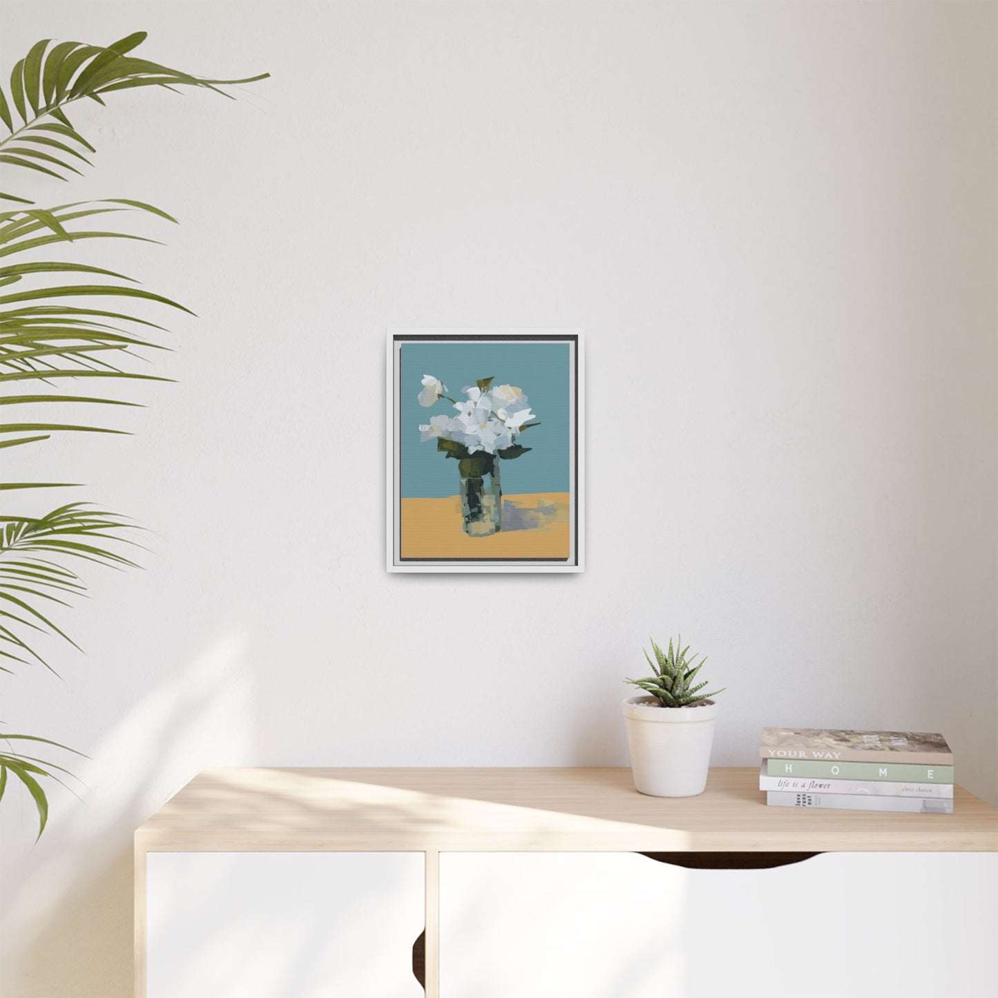 Framed Floral Still Life Canvas Art — Modern White Bouquet Wall Art