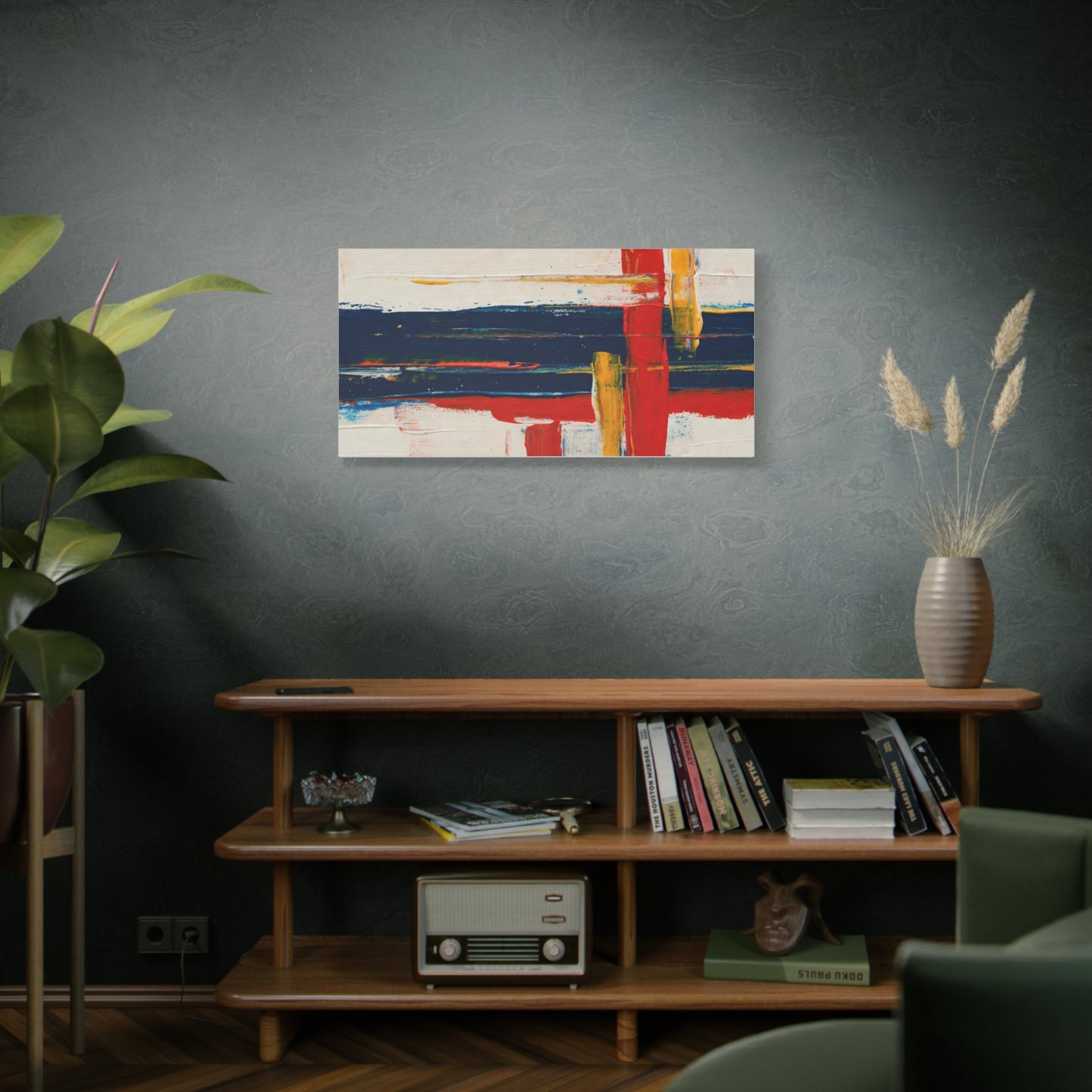 Abstract Modern Canvas Art Print — Red, Navy & Gold Stretched Matte Canvas