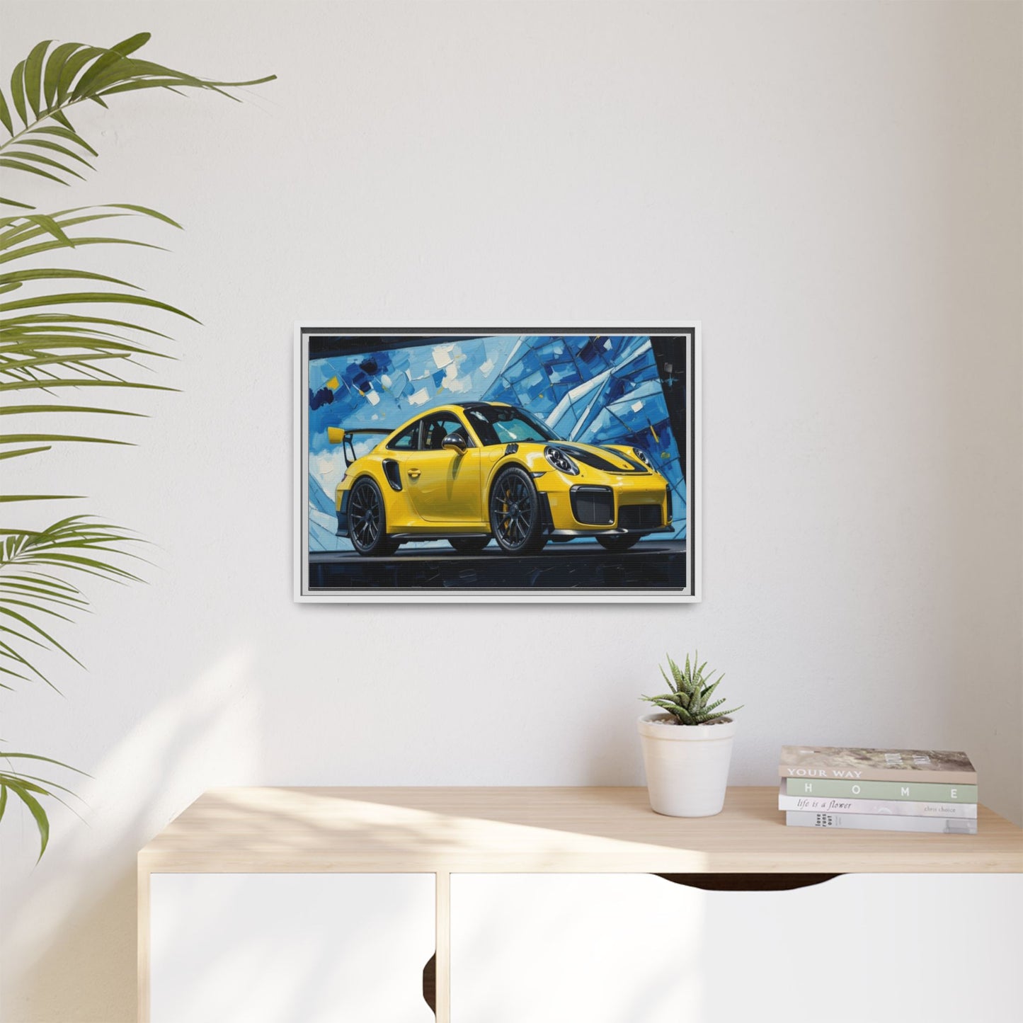 Yellow Porsche Sports Car Matte Framed Canvas – Modern Automotive Wall Art