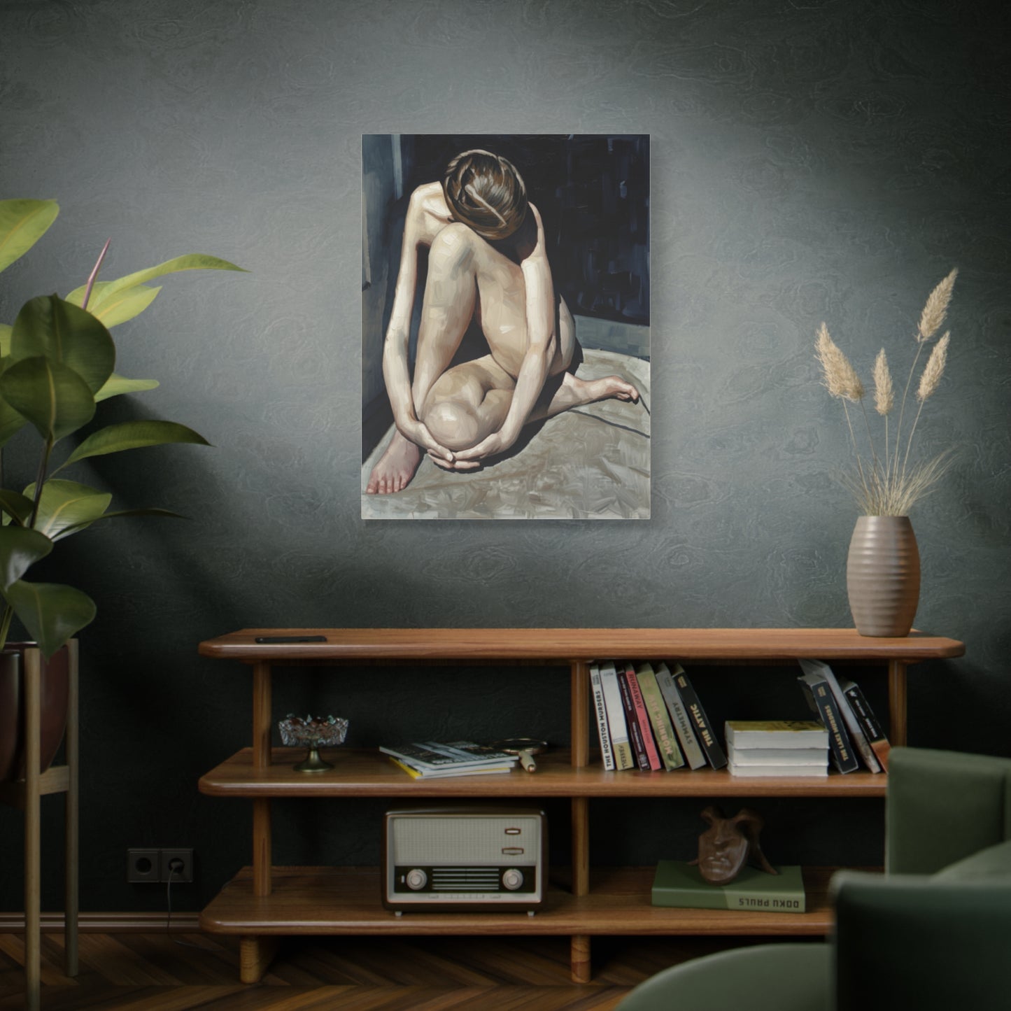 Figurative Nude Art Canvas Print — Contemplative Female Figure Matte Stretched