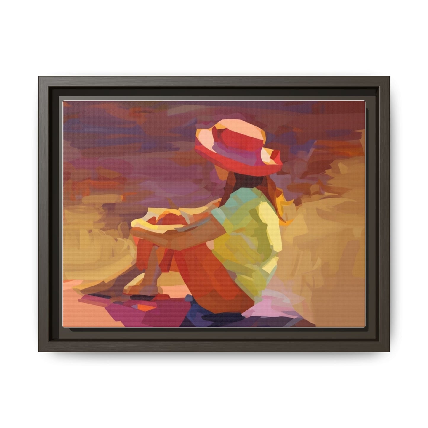 Framed Matte Canvas — Colorful Seated Girl Beach Art