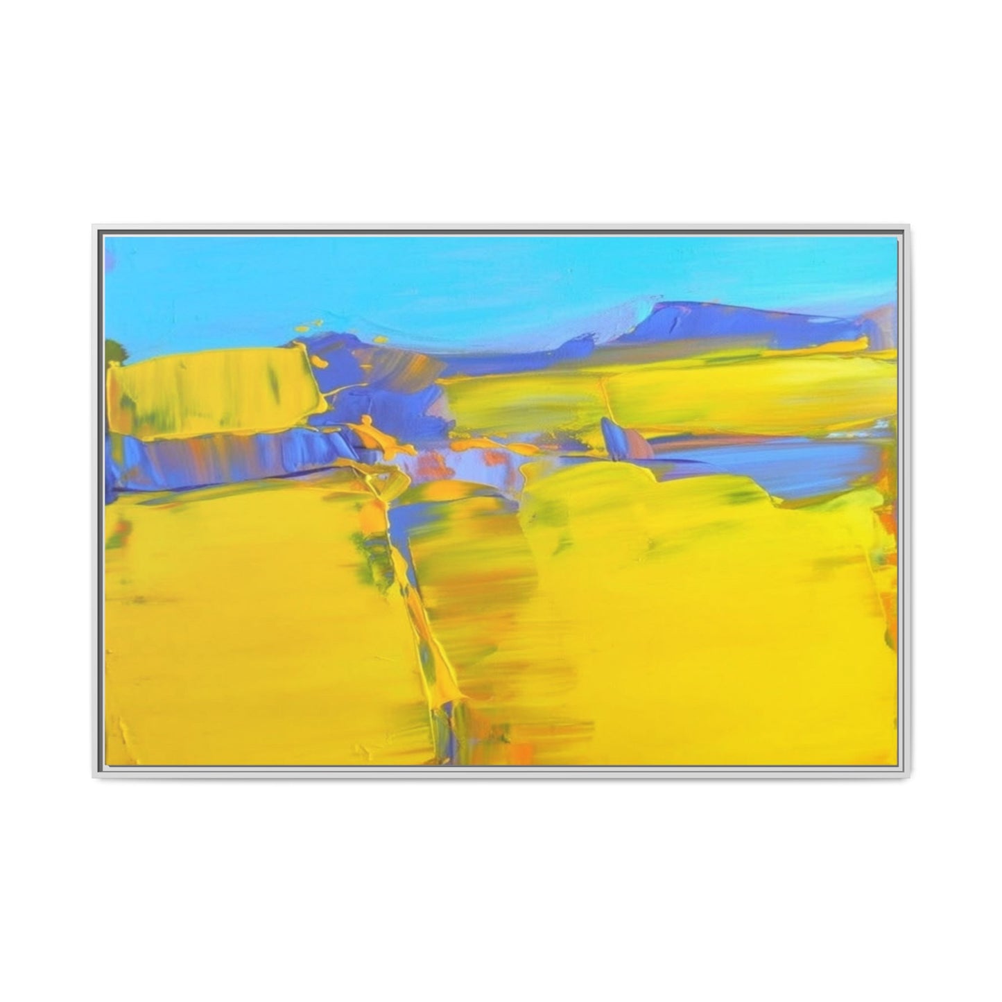 Framed Matte Canvas  Vibrant Yellow Blue Abstract Landscape Art