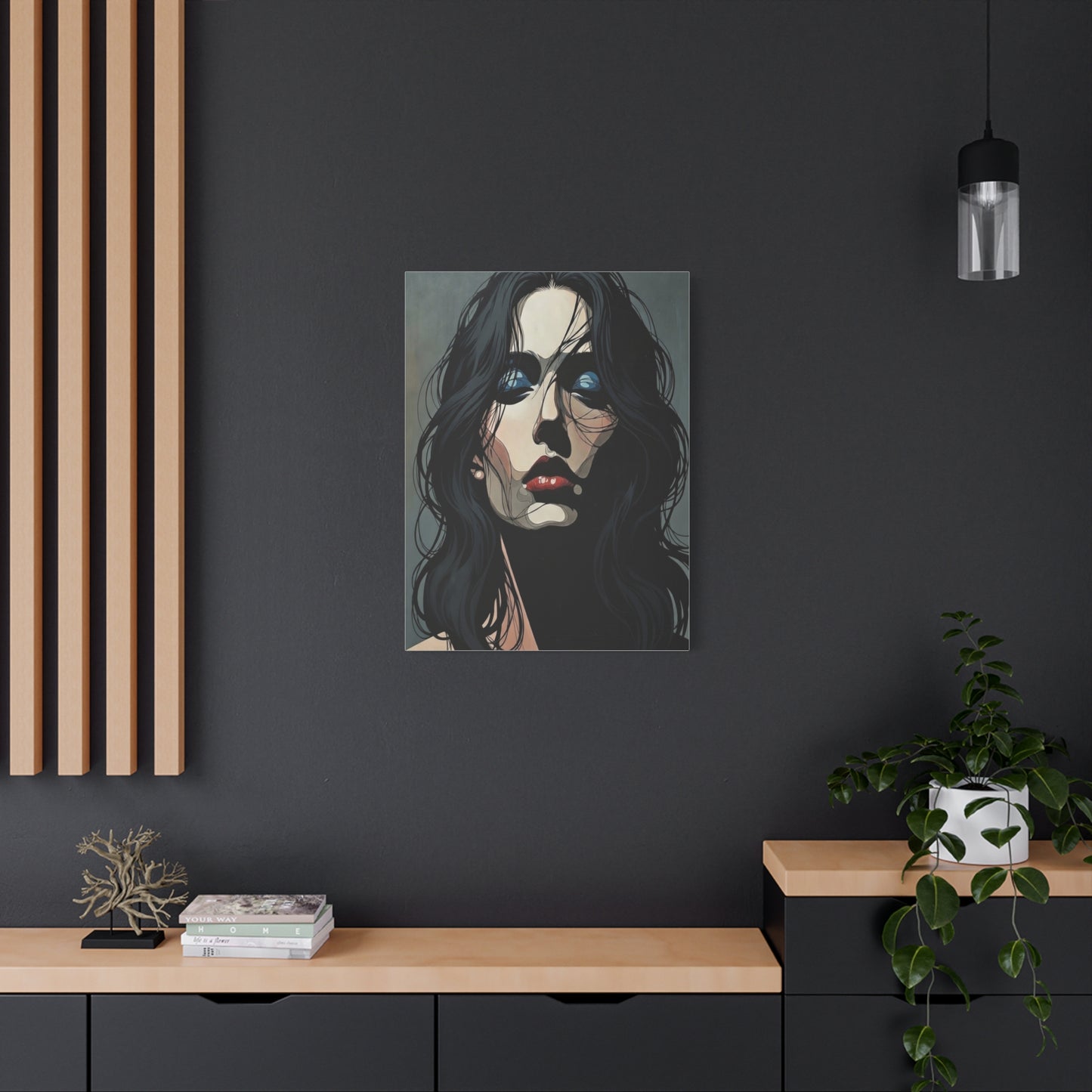 Dark Glam Portrait Canvas Art — Moody Woman Face Matte Stretched Wall Decor