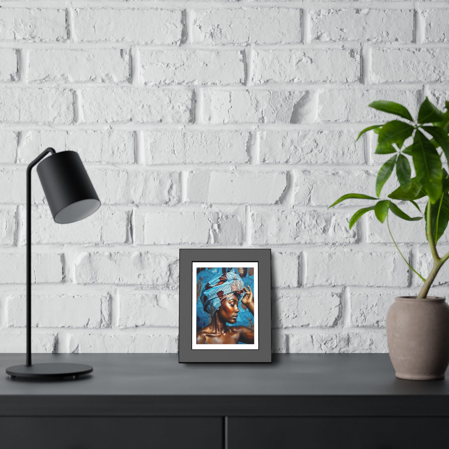 Framed Art Print — Portrait of Woman with Blue Headwrap (Gallery Wall Decor)