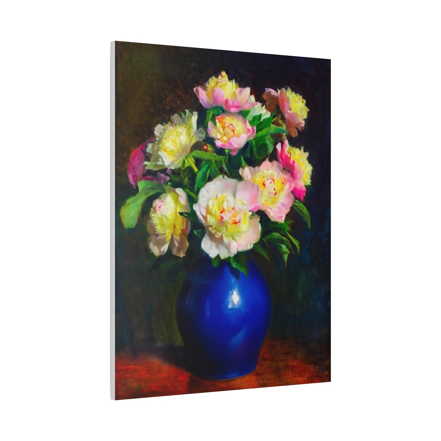 Peony Bouquet Canvas Print — Pink Peonies in Blue Vase, Stretched Matte Wall Art