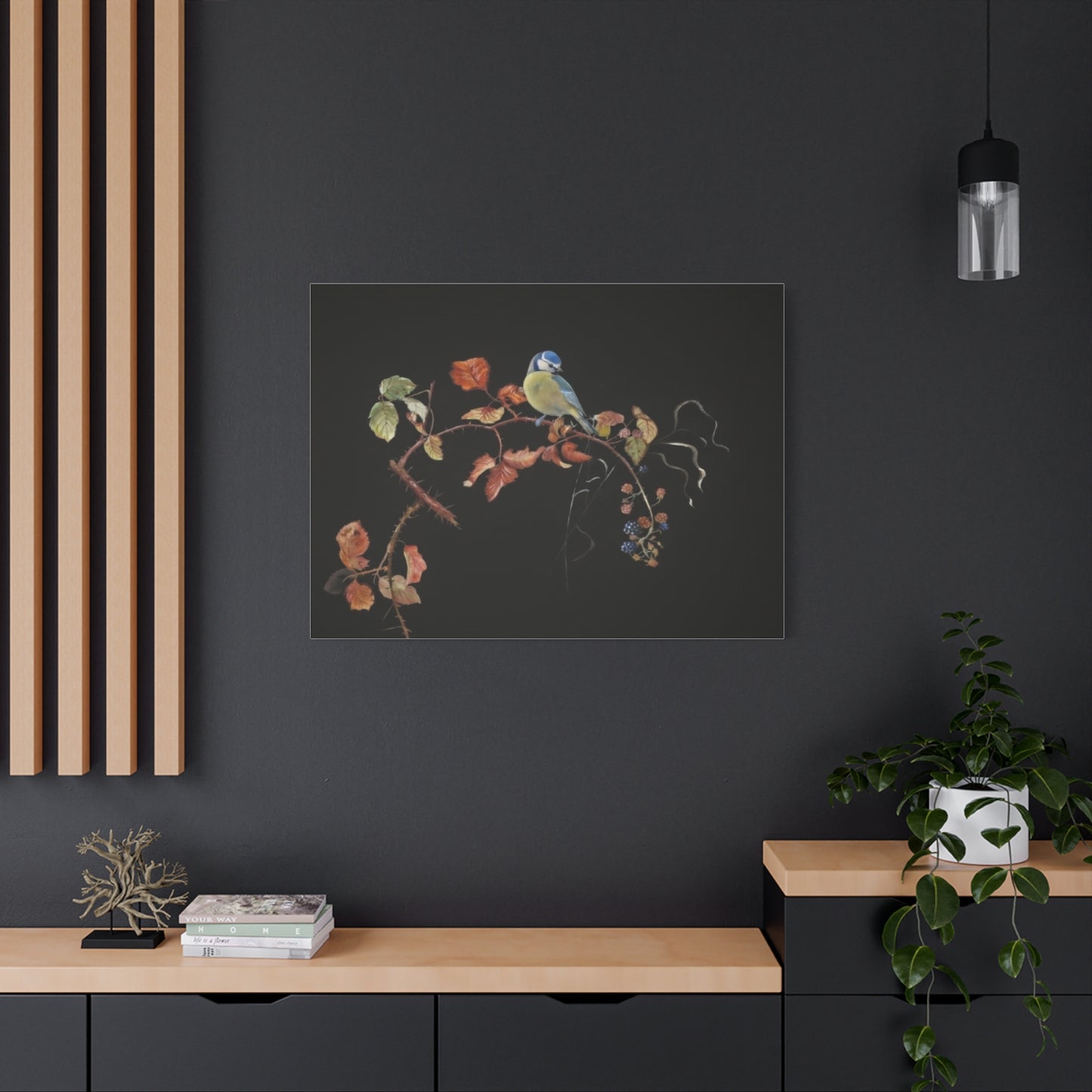Canvas Wall Art - Blue Tit on Autumn Branch, Stretched Matte Canvas