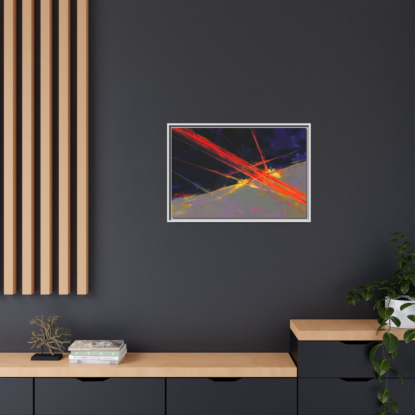 Abstract Red Streaks Framed Matte Canvas Art — Modern Multi‑Color Wall Decor