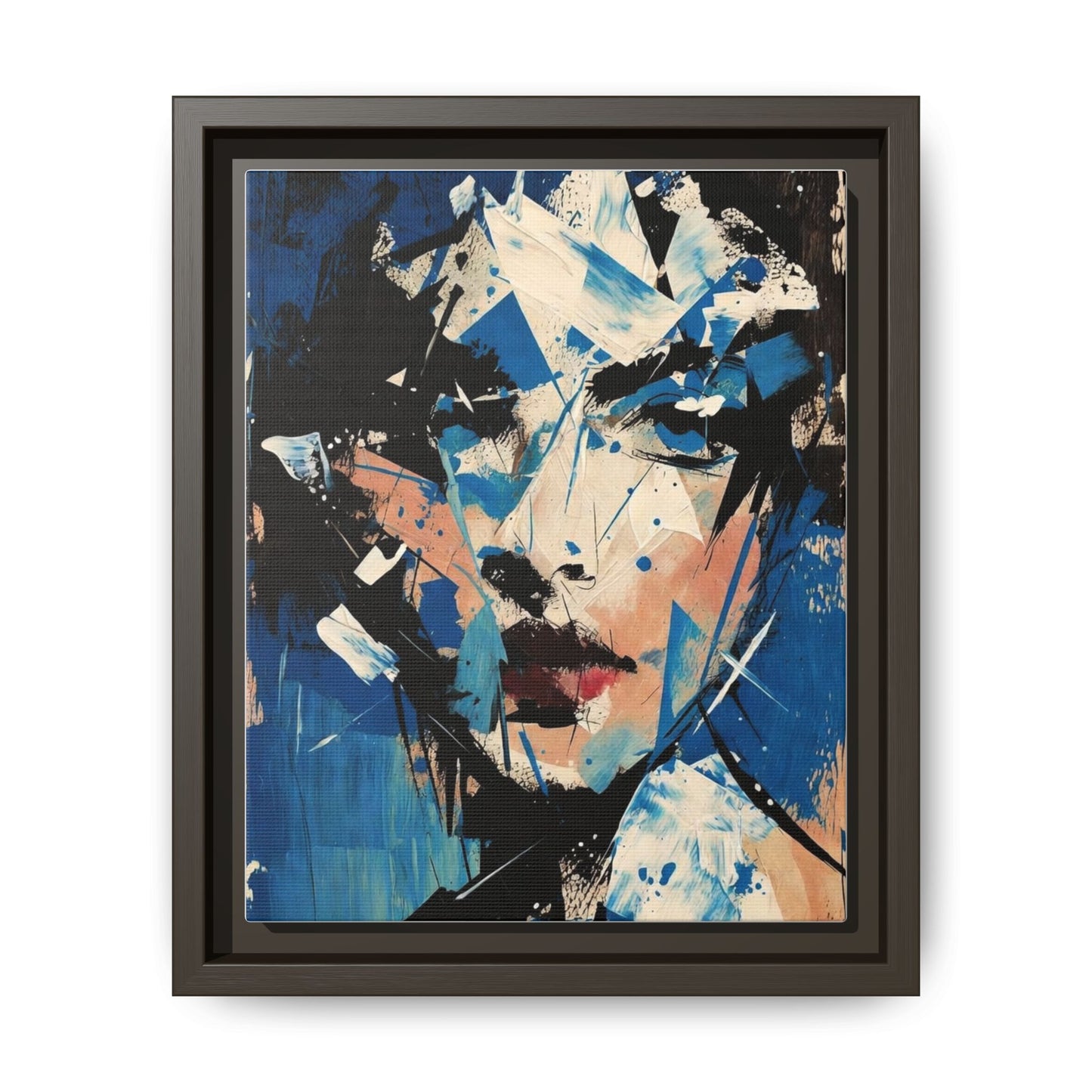 Abstract Portrait Matte Canvas Framed Wall Art — Blue Mixed-Media Face Print