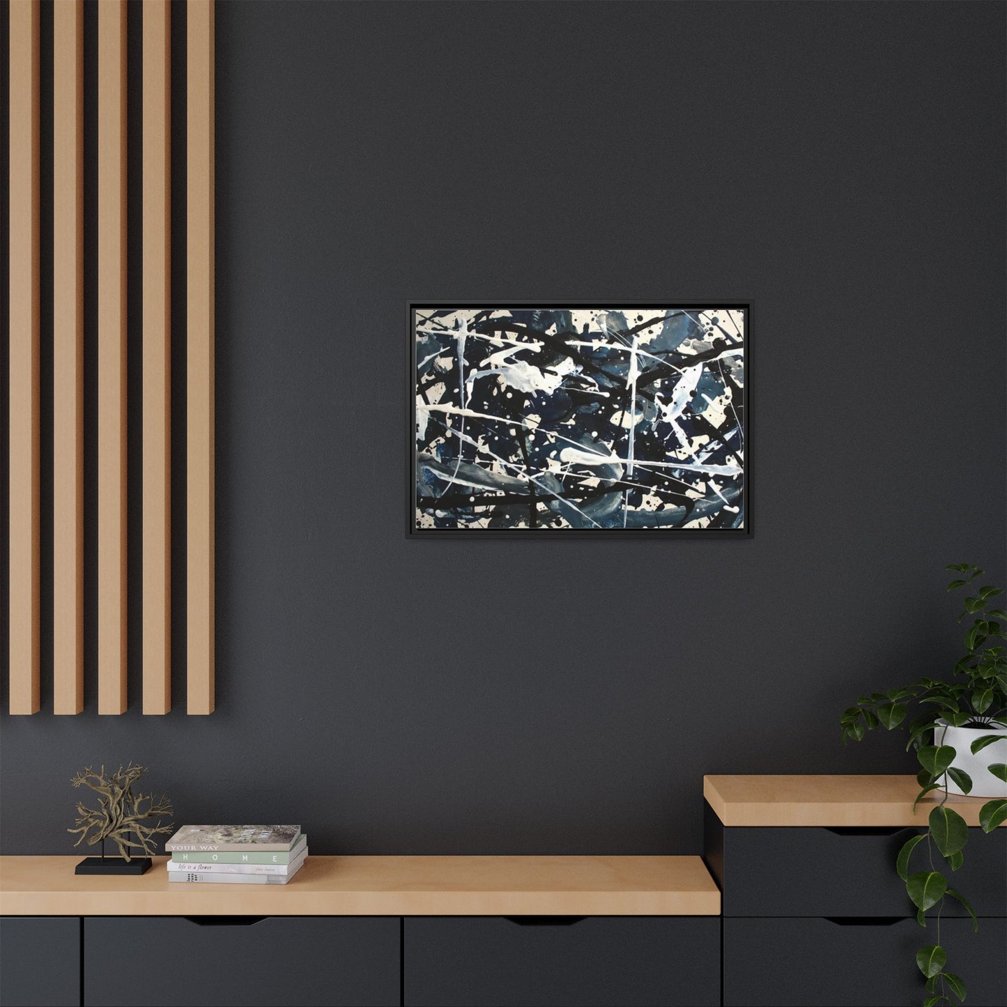 Abstract Splatter Matte Canvas Framed Wall Art — Black & Blue Modern Art Print
