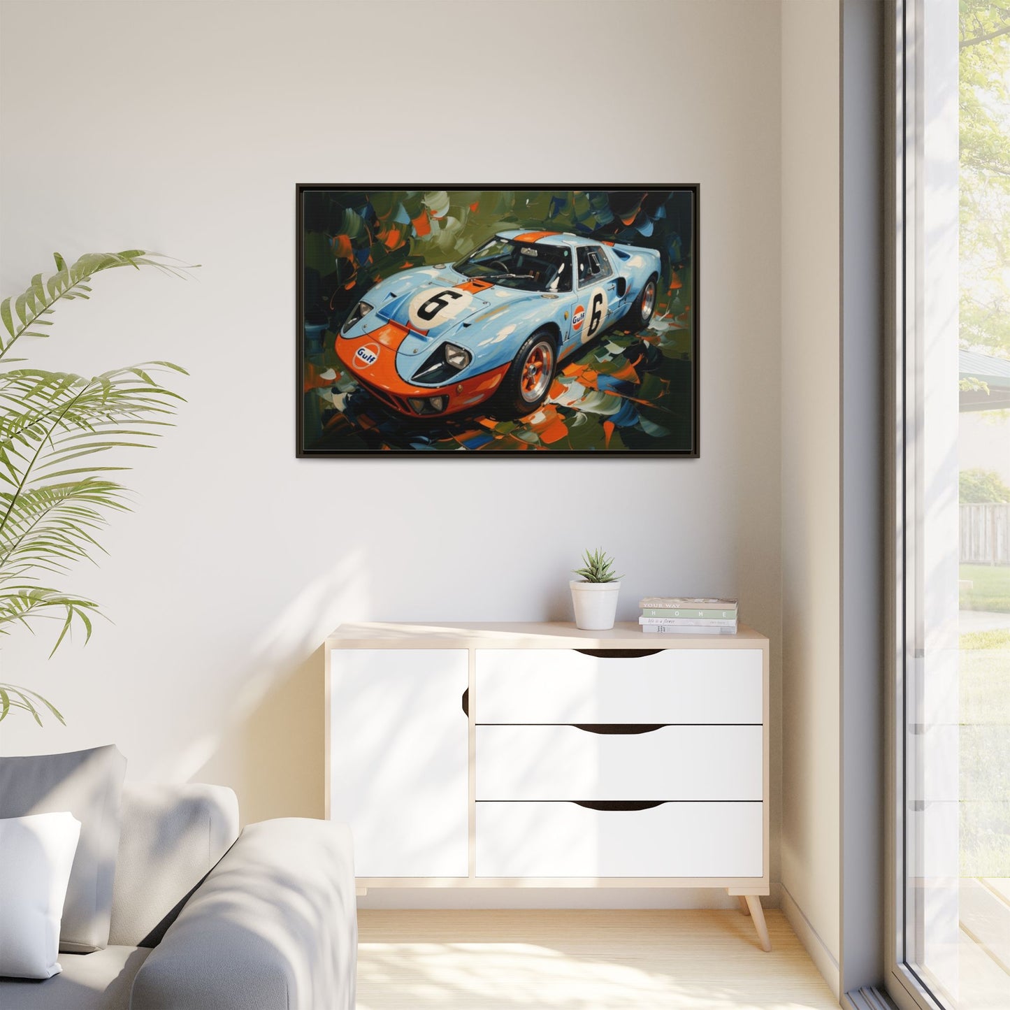 Gulf Racing GT40 Matte Framed Canvas — Vintage Sports Car Wall Art