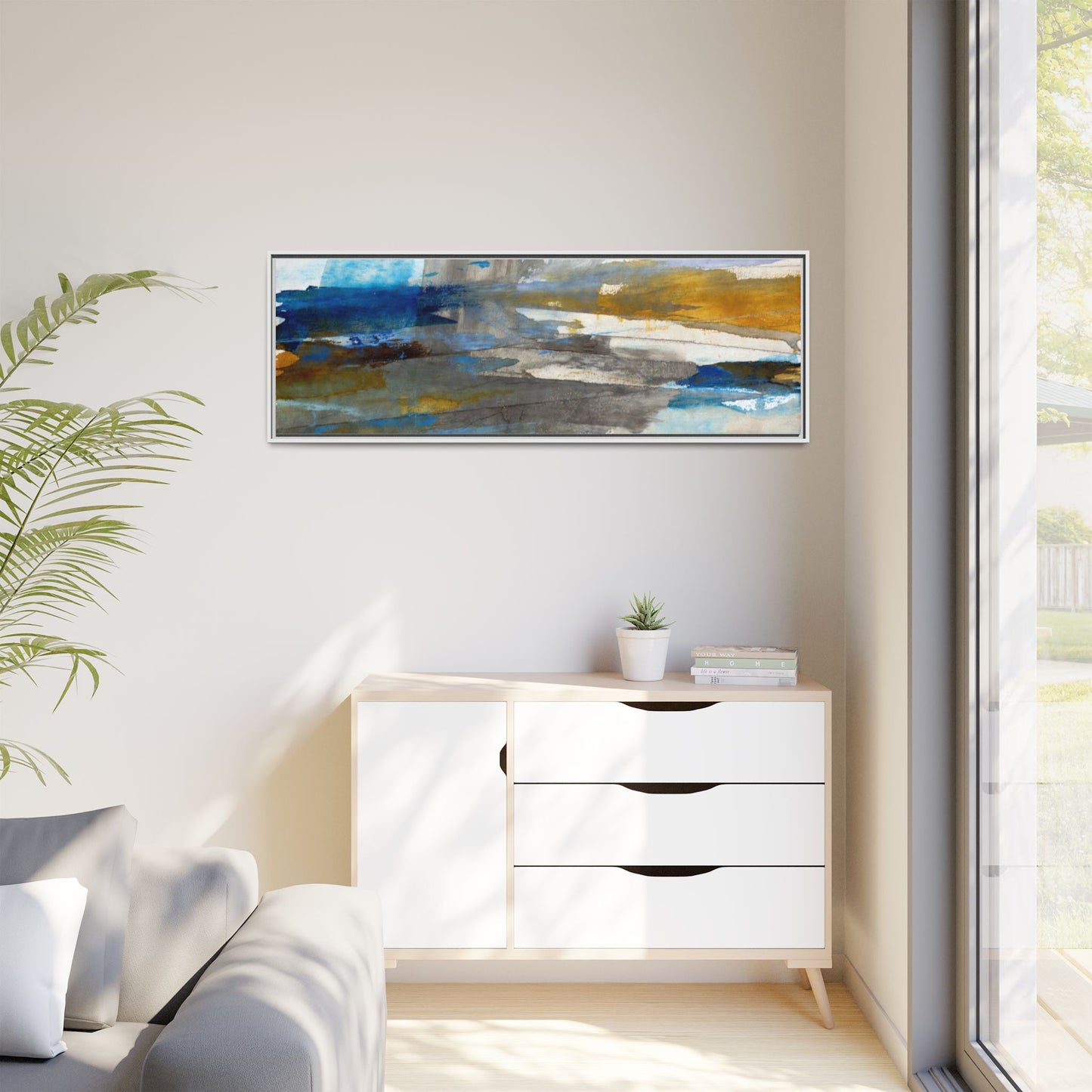 Abstract Blue & Gold Framed Canvas Art — Matte Multi-Color Wall Print