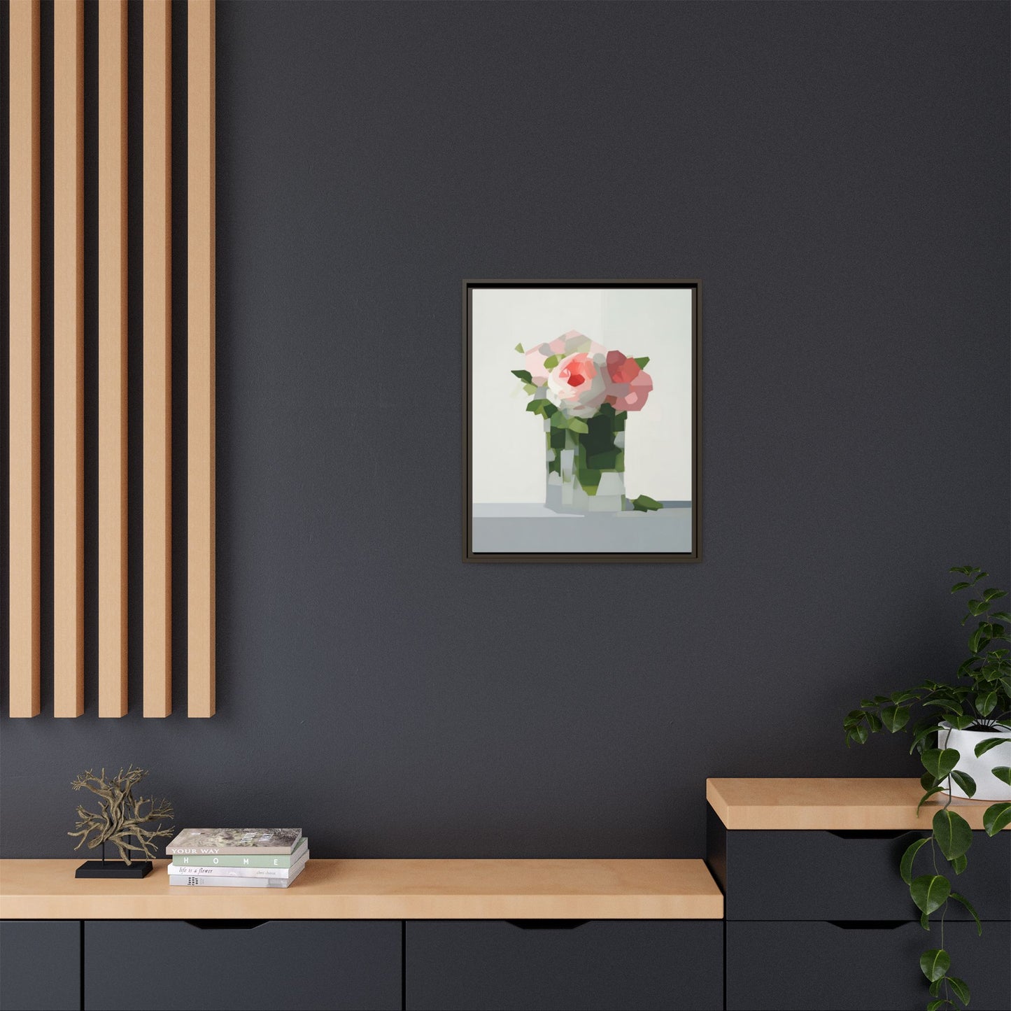 Framed Floral Canvas Print — Modern Pink Roses Still Life